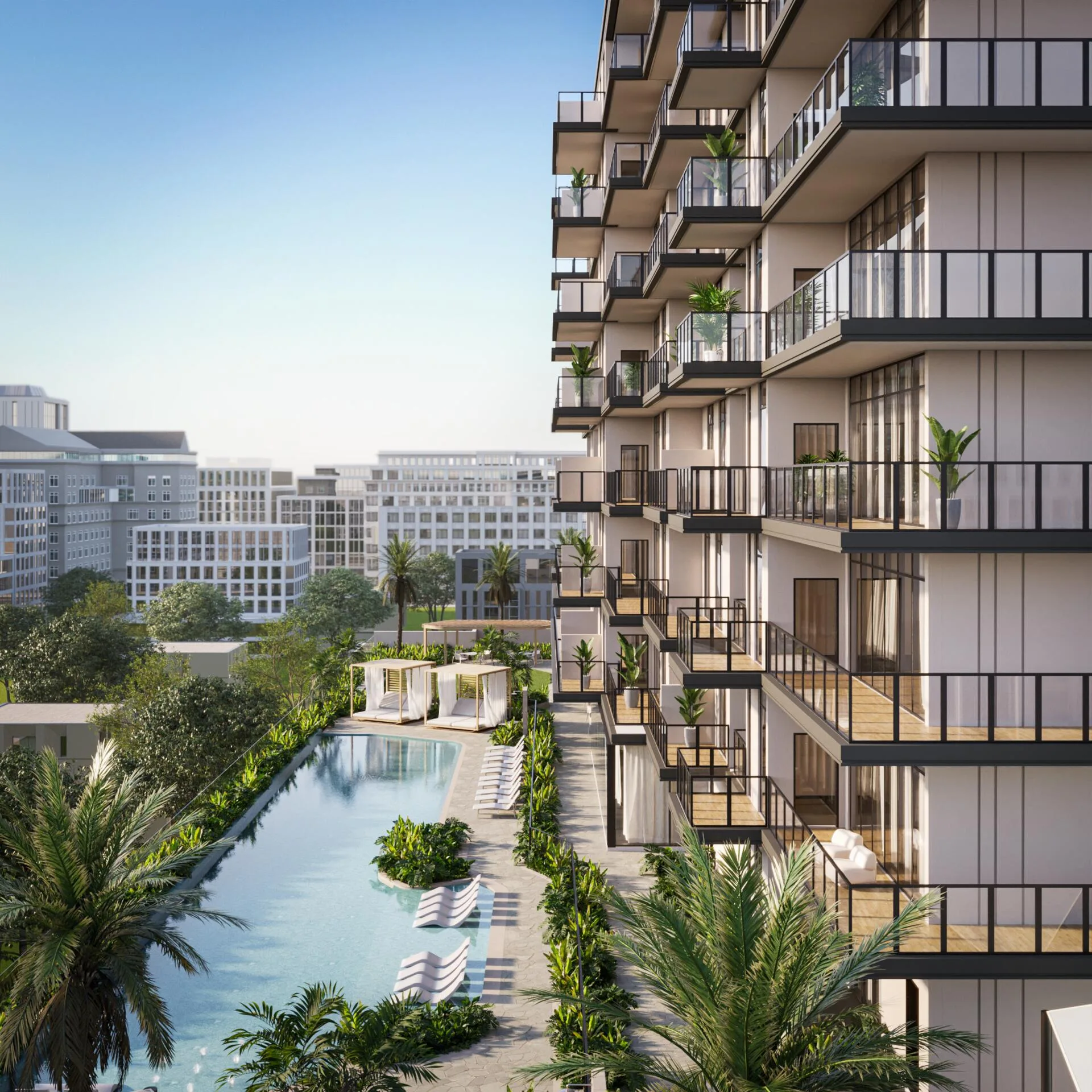 Бассейн вдоль дома, балконы и кварталы Jumeirah Garden City