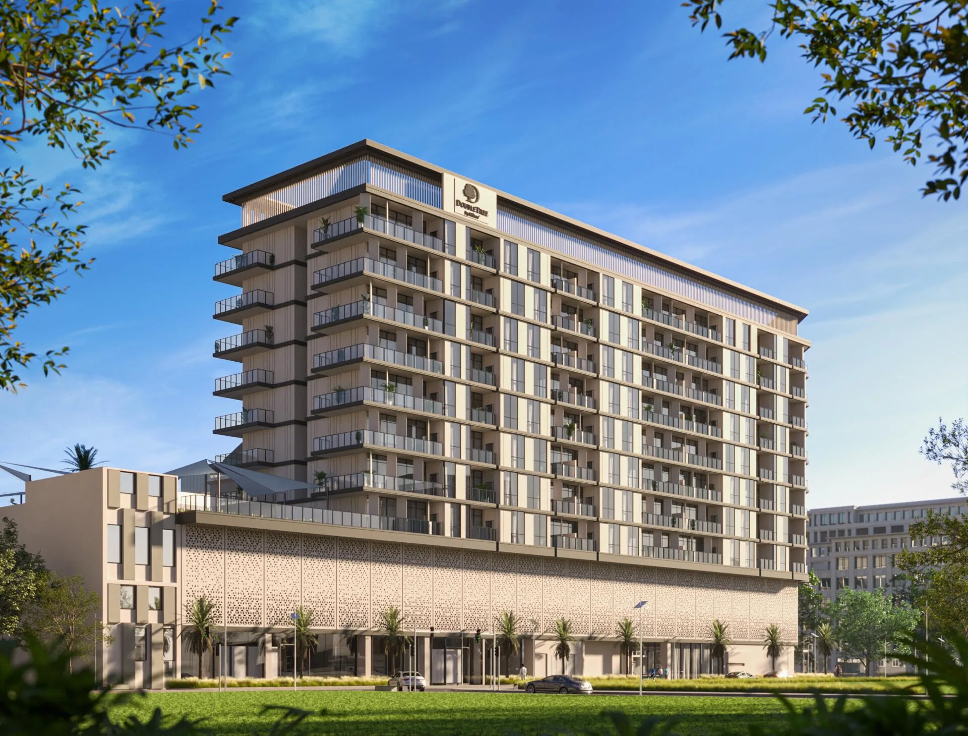 Дом DoubleTree by Hilton Residences среди деревьев и пальм Jumeirah Garden City