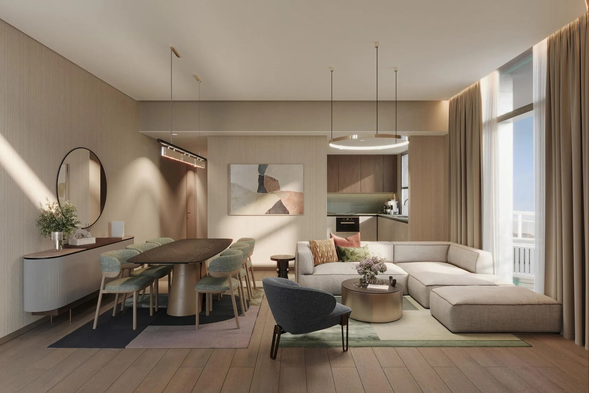 Гостиная со столовой и кухней в квартире DoubleTree by Hilton Residences