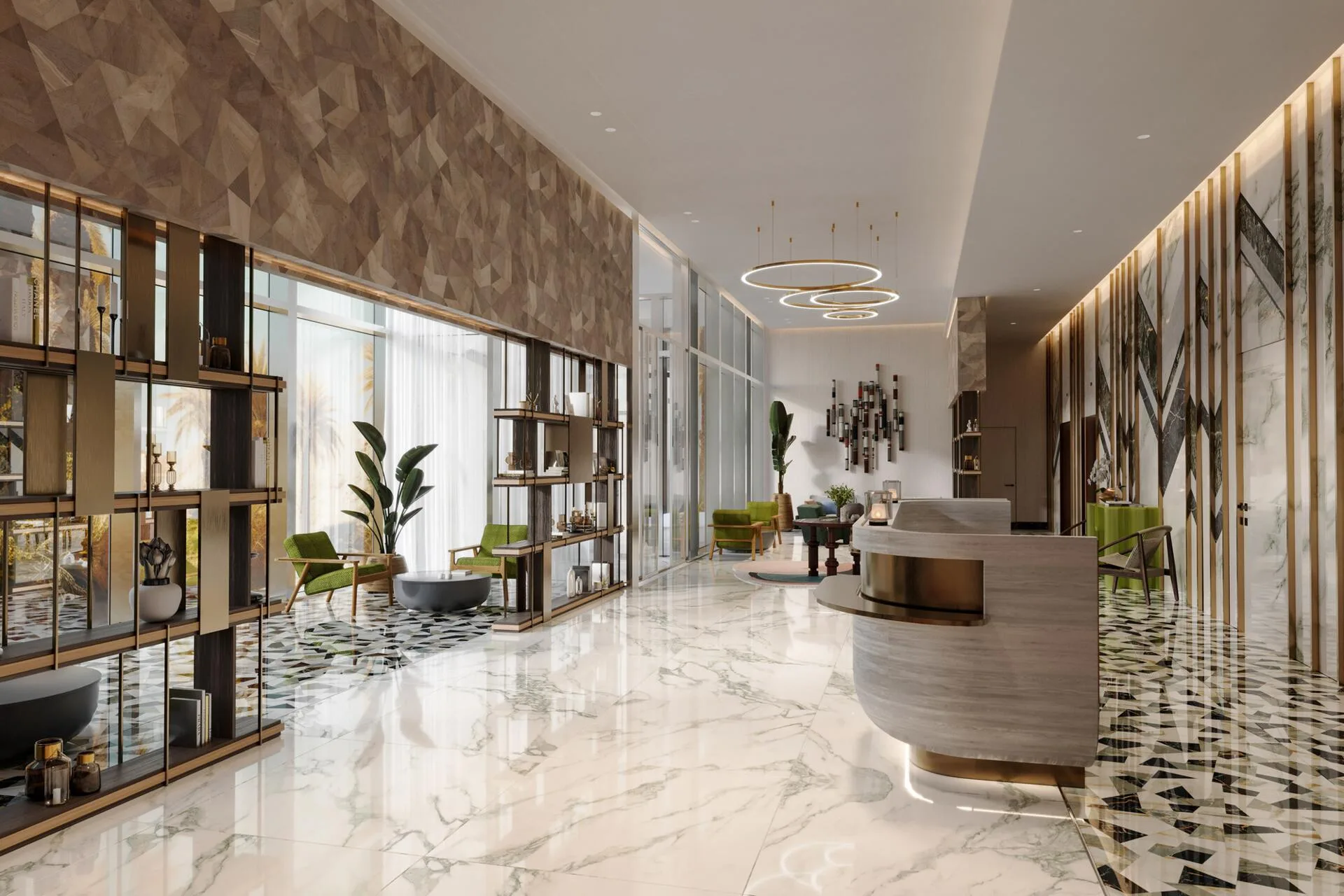 Лобби DoubleTree by Hilton Residences: мраморный пол, стеллажи, зелень и стойка у входа