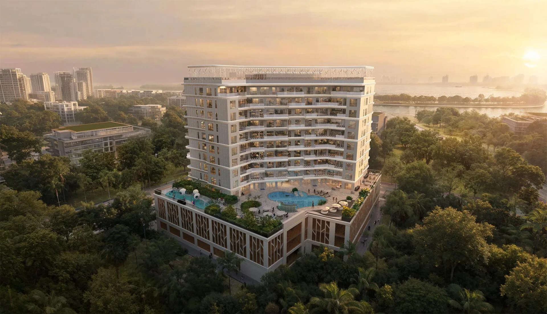 Dream Life Residence на закате: бассейн у дома и вода вдали