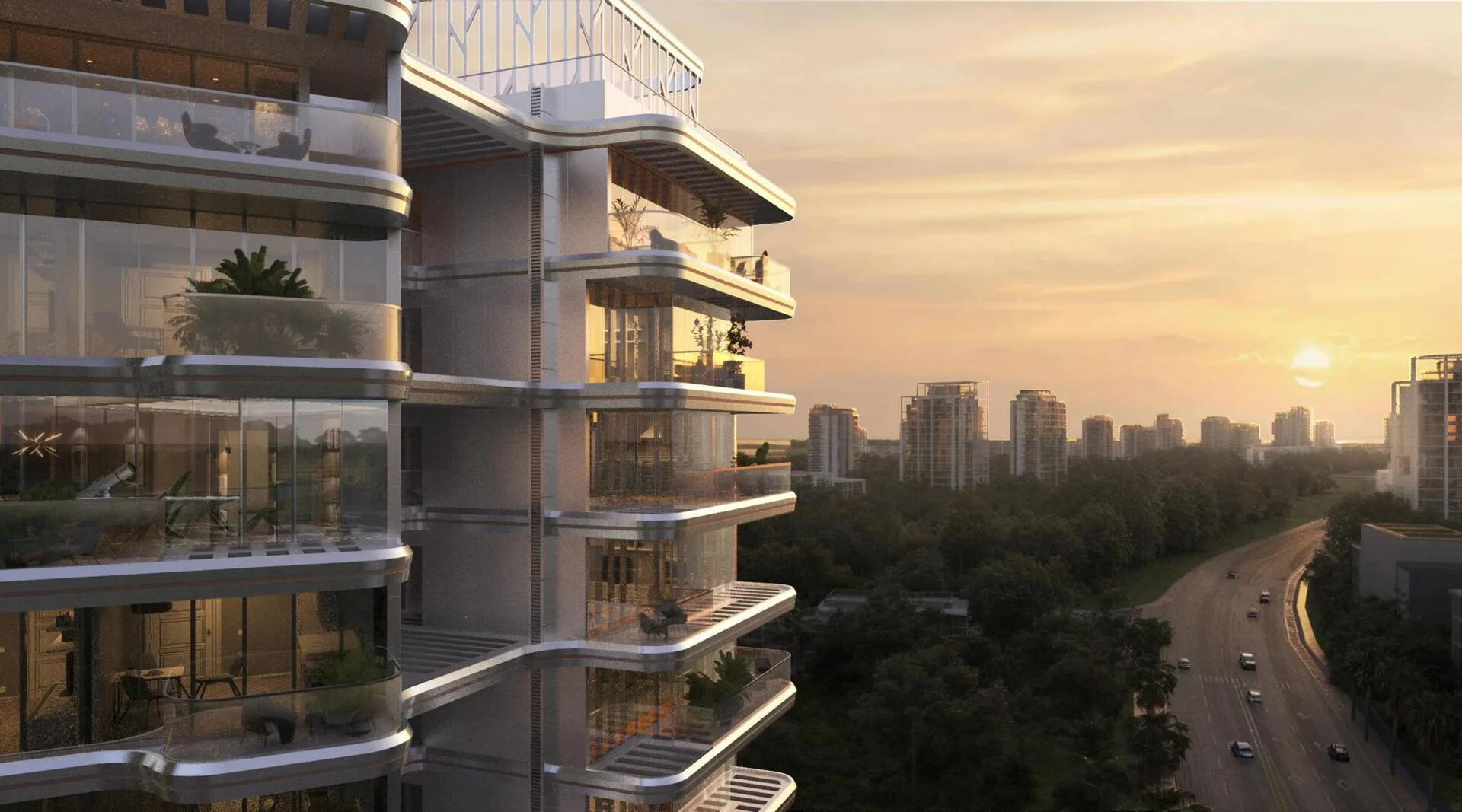 Фасад Dream Life Residence с террасами и зеленью на балконах