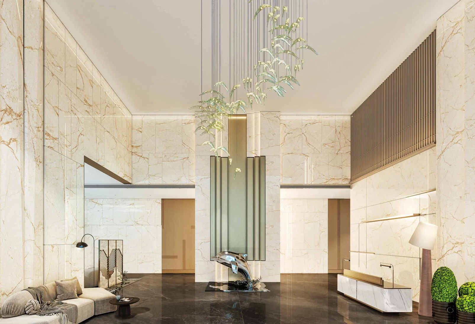 Лобби Dream Life Residence в два этажа со скульптурой и люстрой