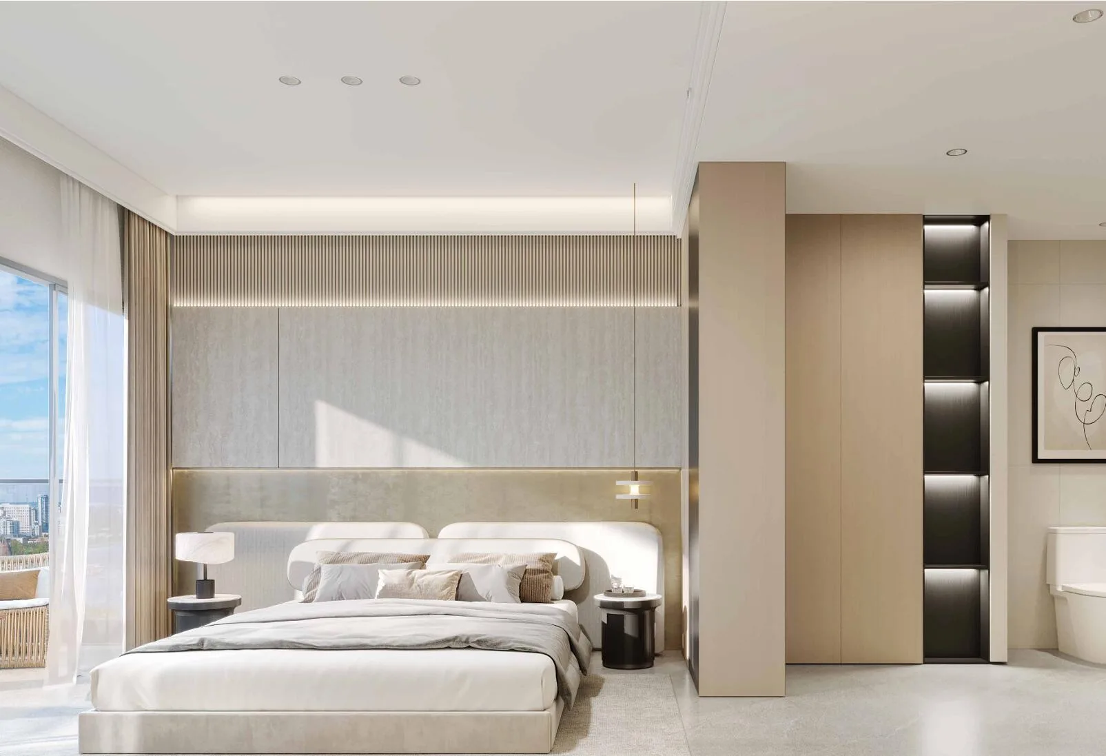 Спальня в квартире Dream Life Residence: светлые тона и подсветка