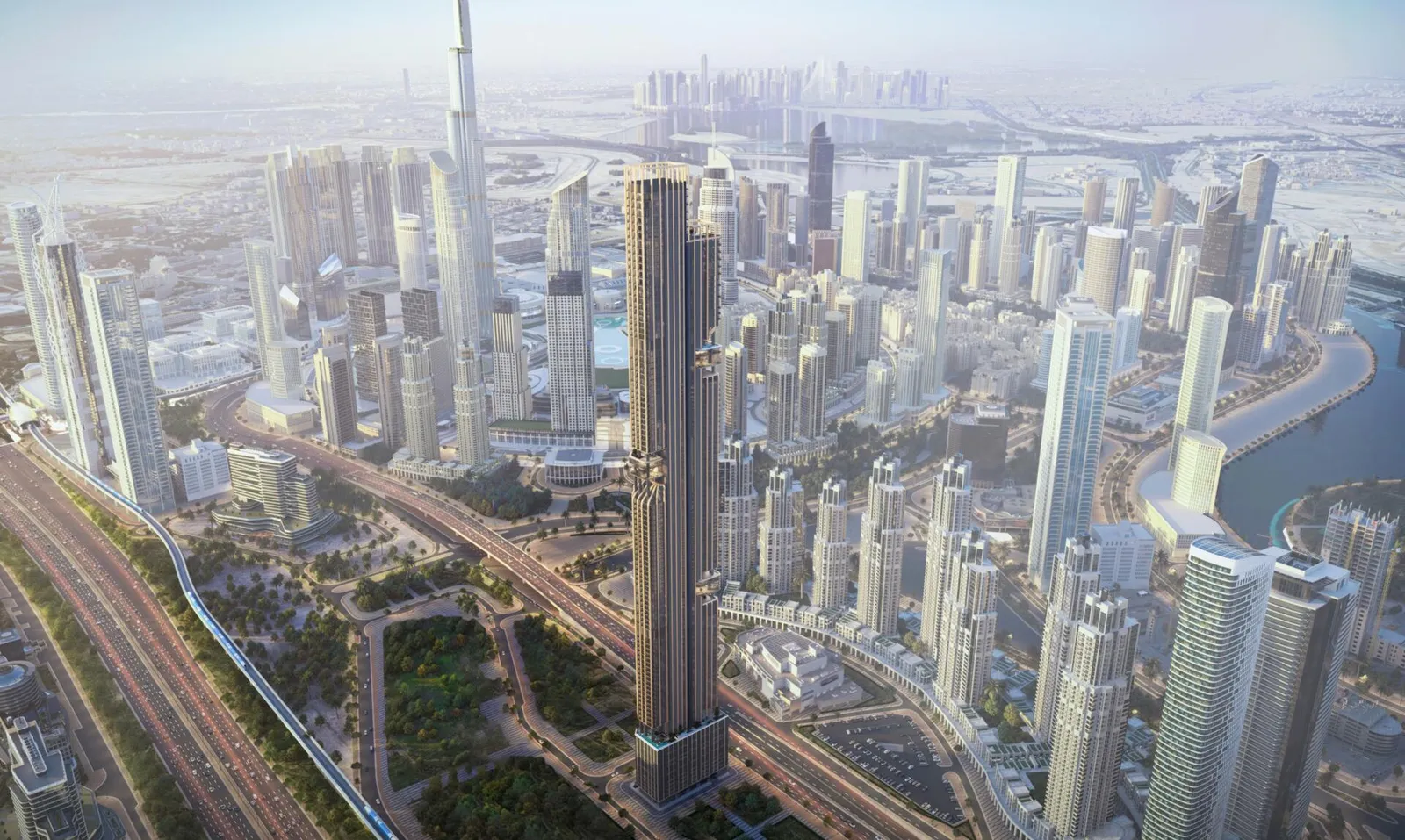 DWTN Residences и Бурдж-Халифа сверху. Визуализация Deyaar