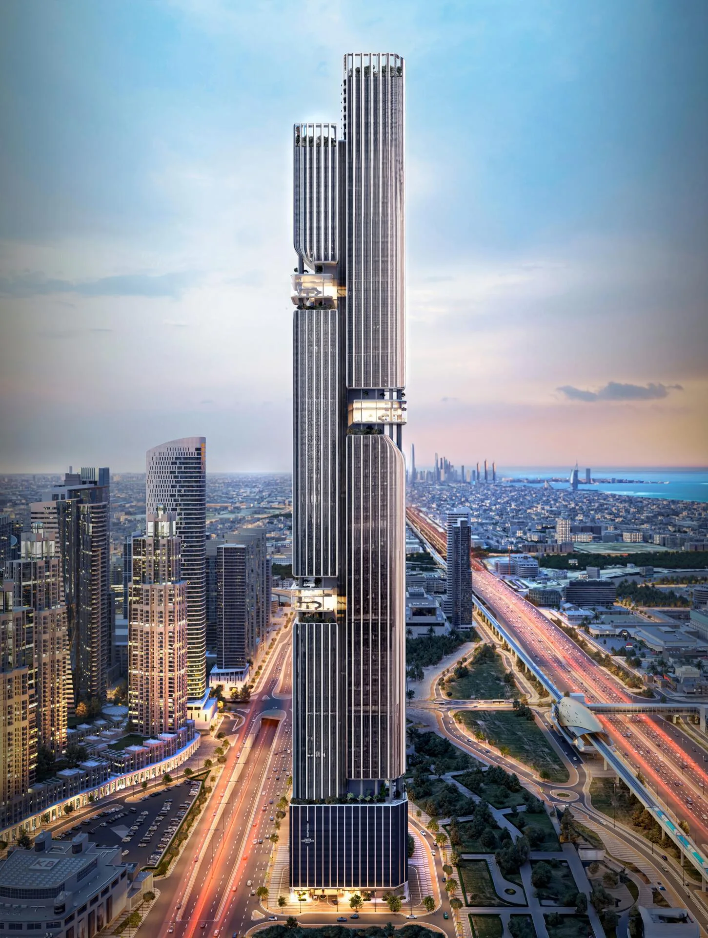 DWTN Residences на закате над магистралью