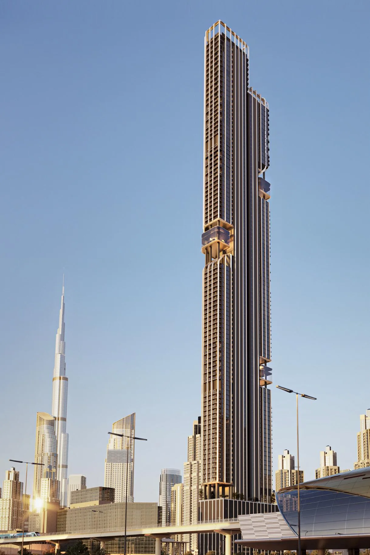 Башня DWTN Residences снизу, рядом линия метро