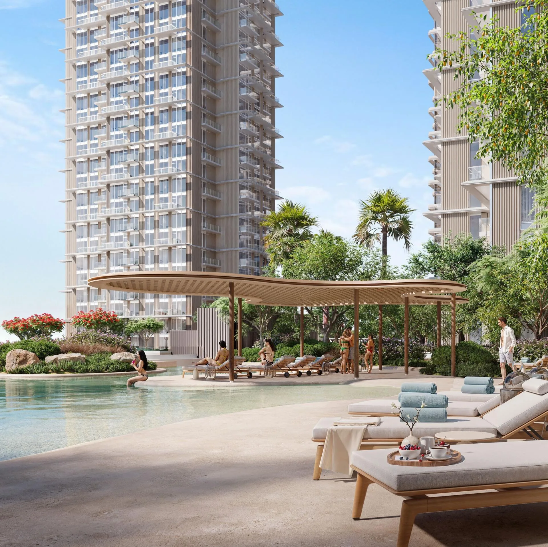 Зона Family Oasis: вода, волнистый навес и шезлонги