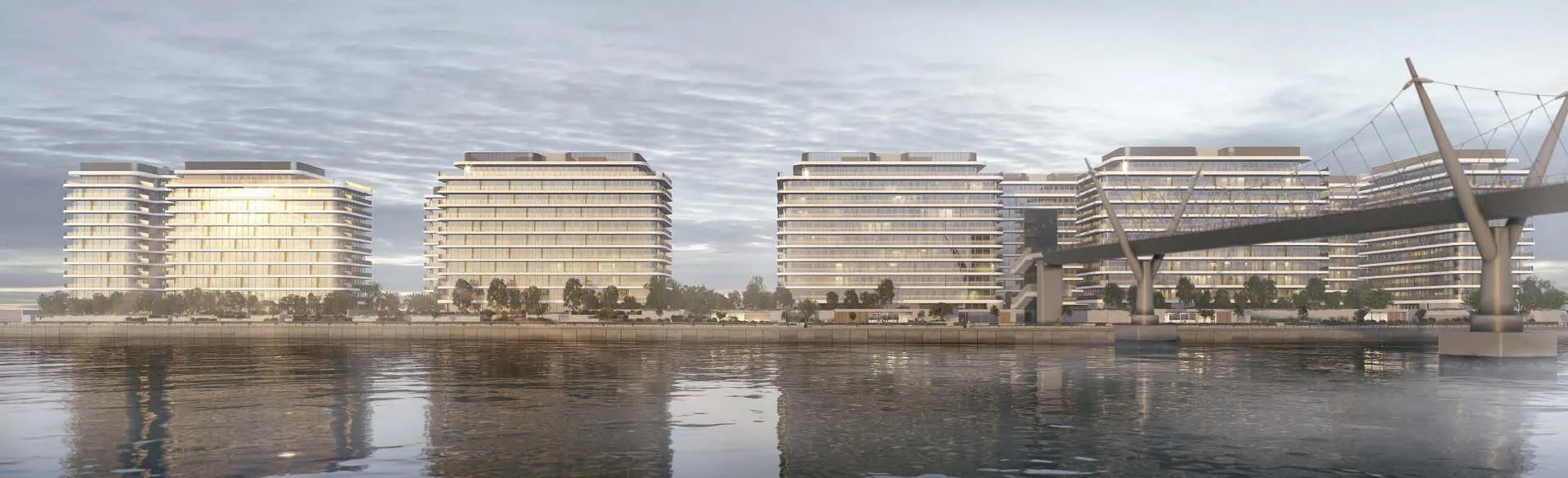 Дома Eden House The Park с воды, пешеходный мост через канал