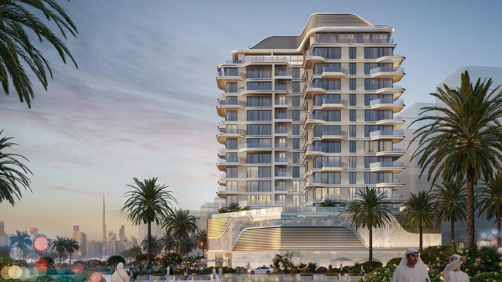 Дом Edgewater Residences вечером на фоне Дубая