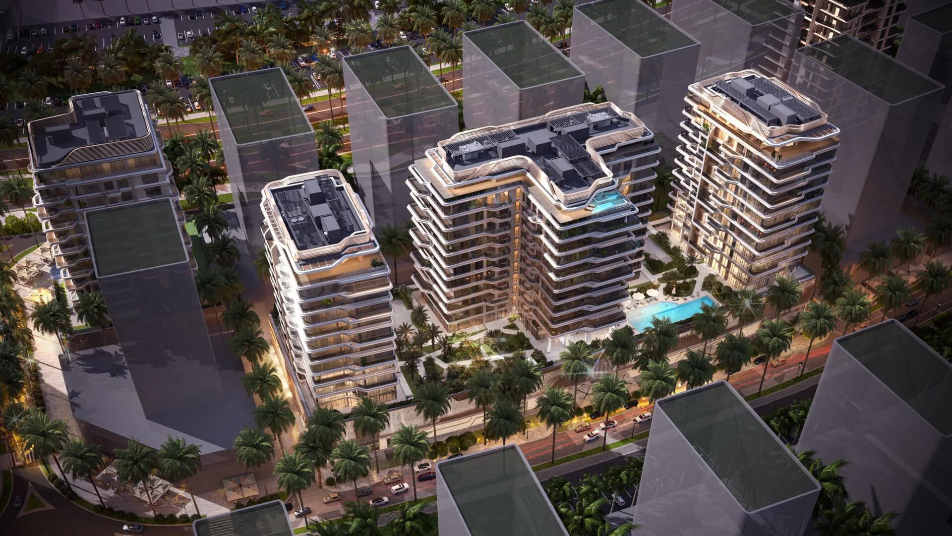 Дома Edgewater Residences с высоты вечером: башни среди зелени
