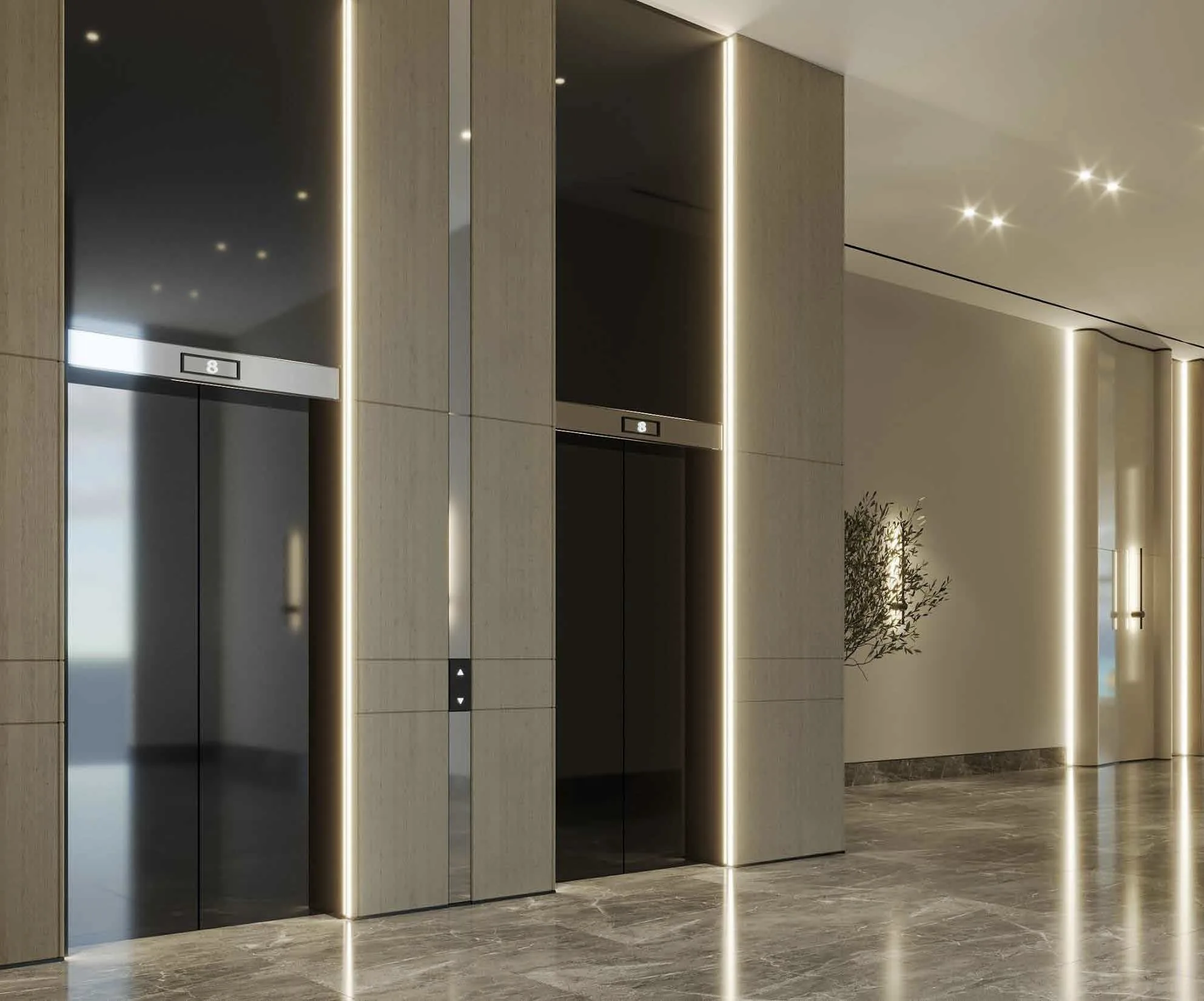 Лифтовой холл Edgewater Residences: тёмная сталь и дерево