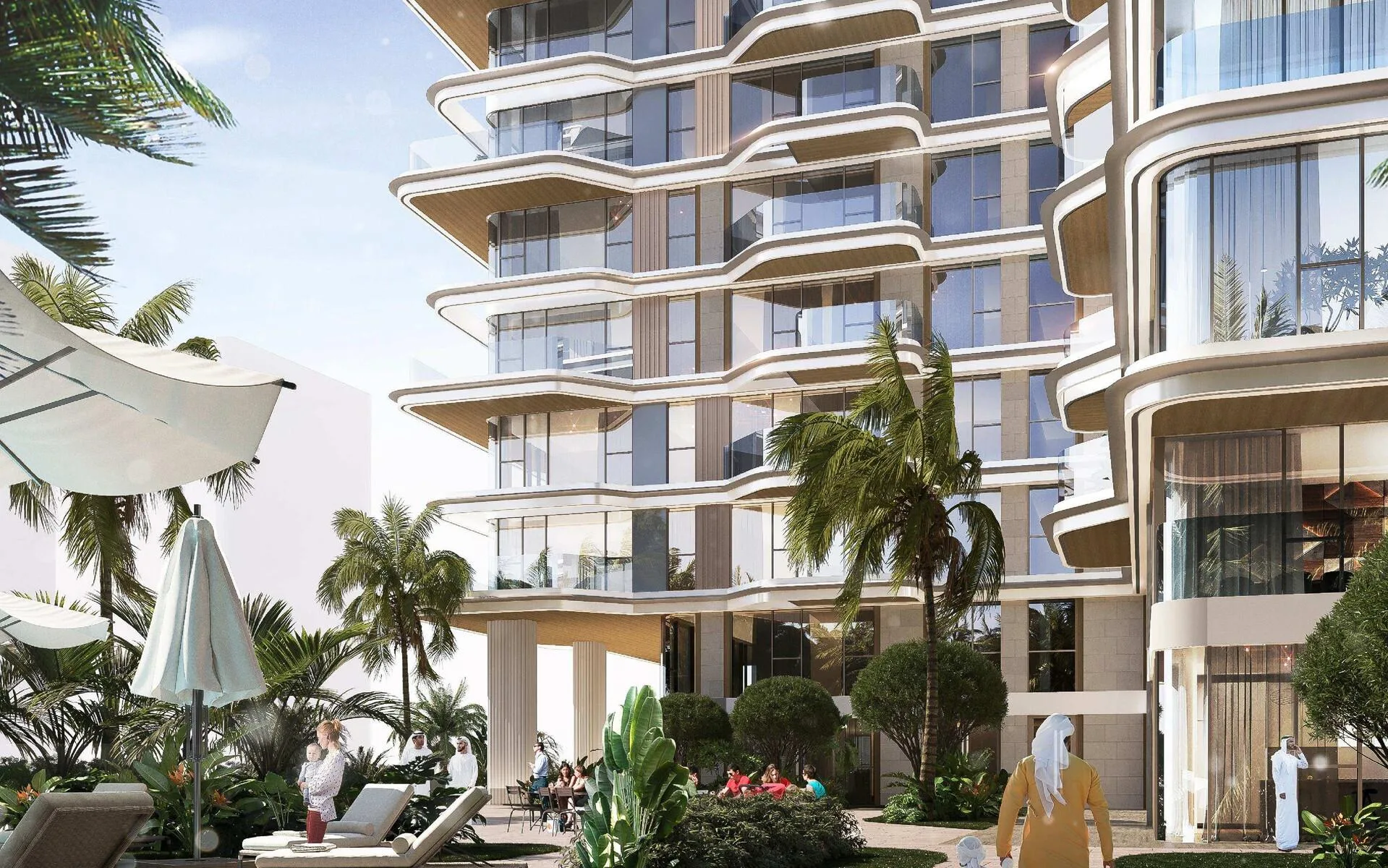 Терраса с зонтами у дома Edgewater Residences