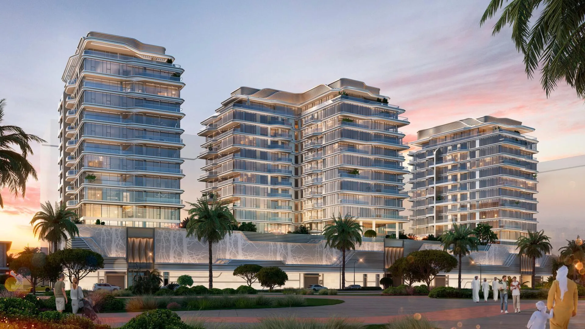 Три дома третьей очереди Edgewater Residences на закате