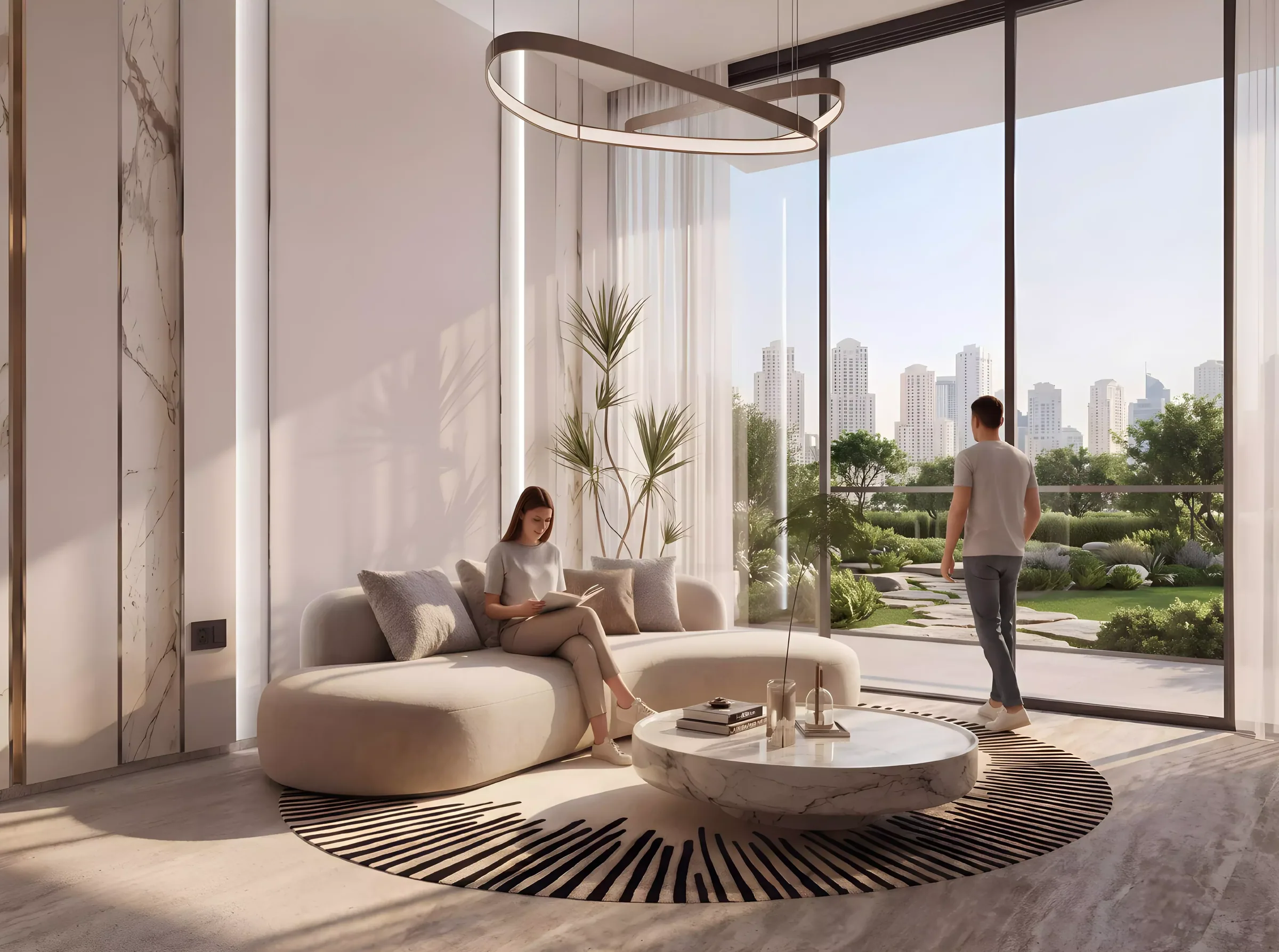 Визуализация: гостиная в квартире Elan Tower с видом на город