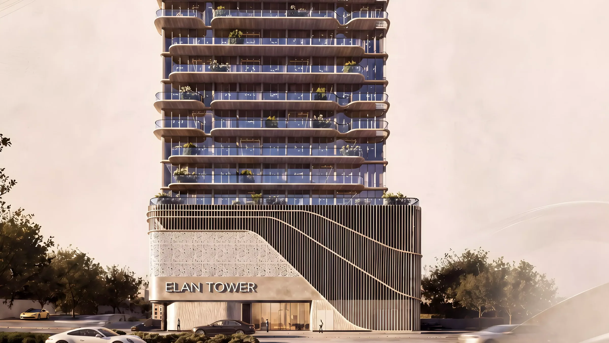 Визуализация: подиум Elan Tower с ламелями и входом