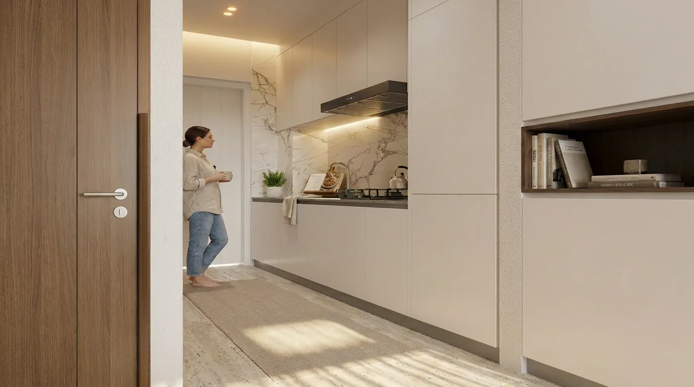 Визуализация: прихожая и кухня в квартире Elan Tower