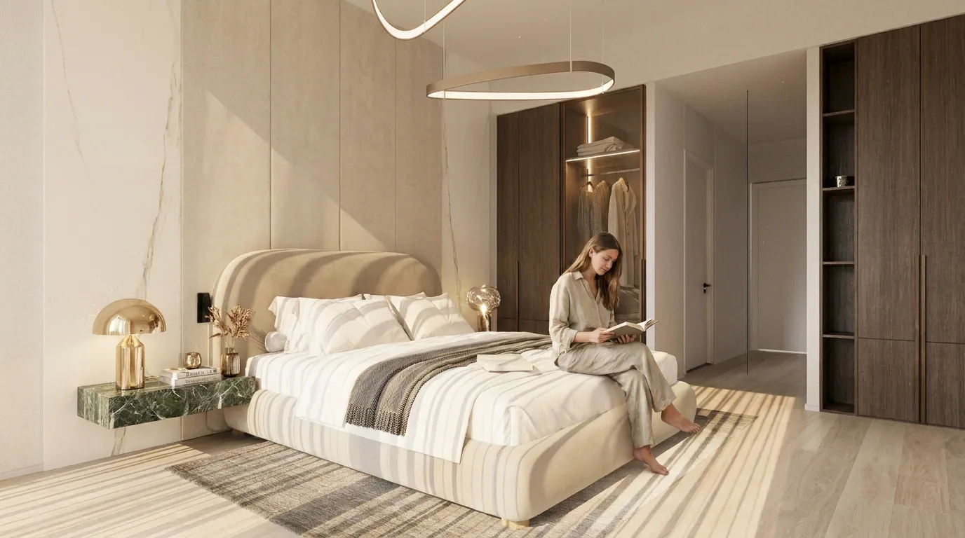 Визуализация: спальня Elan Tower с мраморной стеной