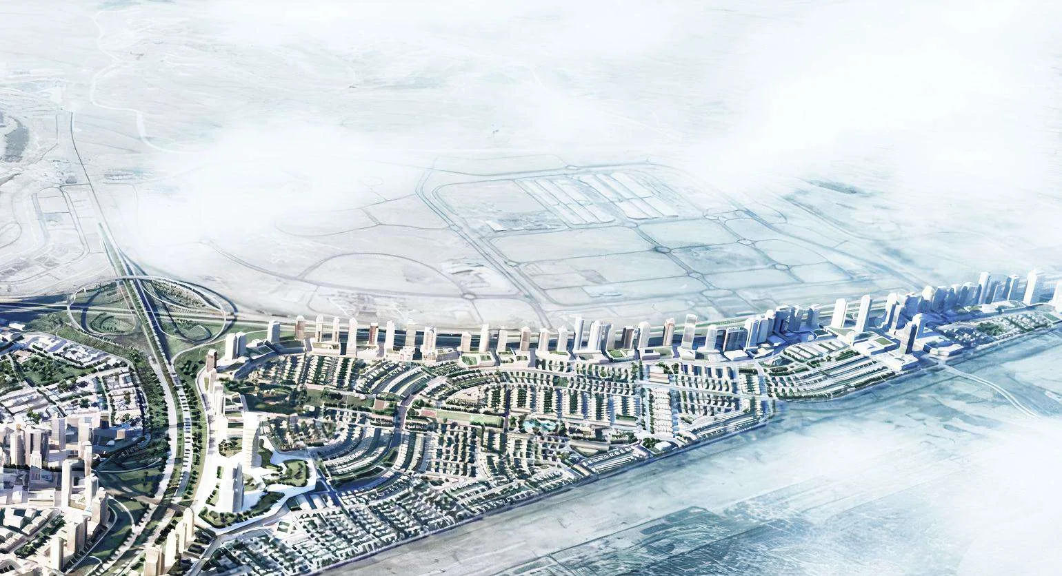 Jumeirah Village Triangle с высоты: кварталы вилл и ряд башен вдоль трассы