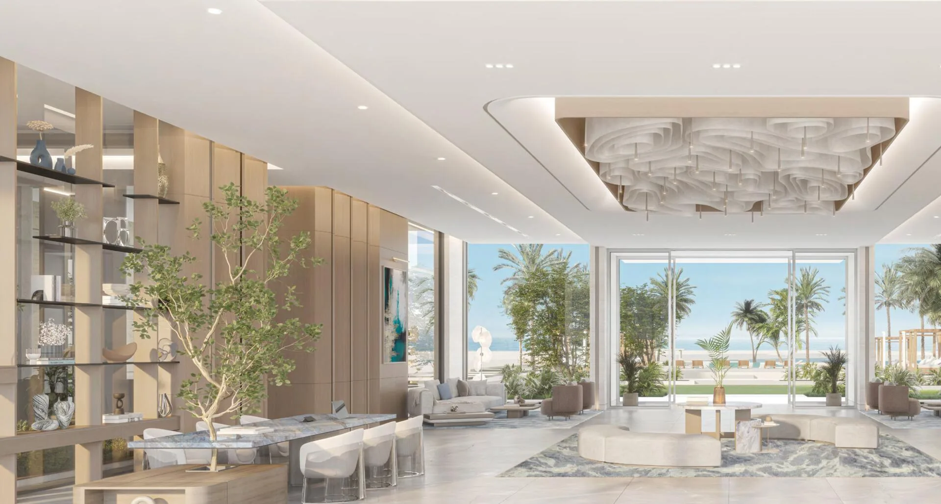 Гостиная зона лобби Ellington Sands с видом на сад