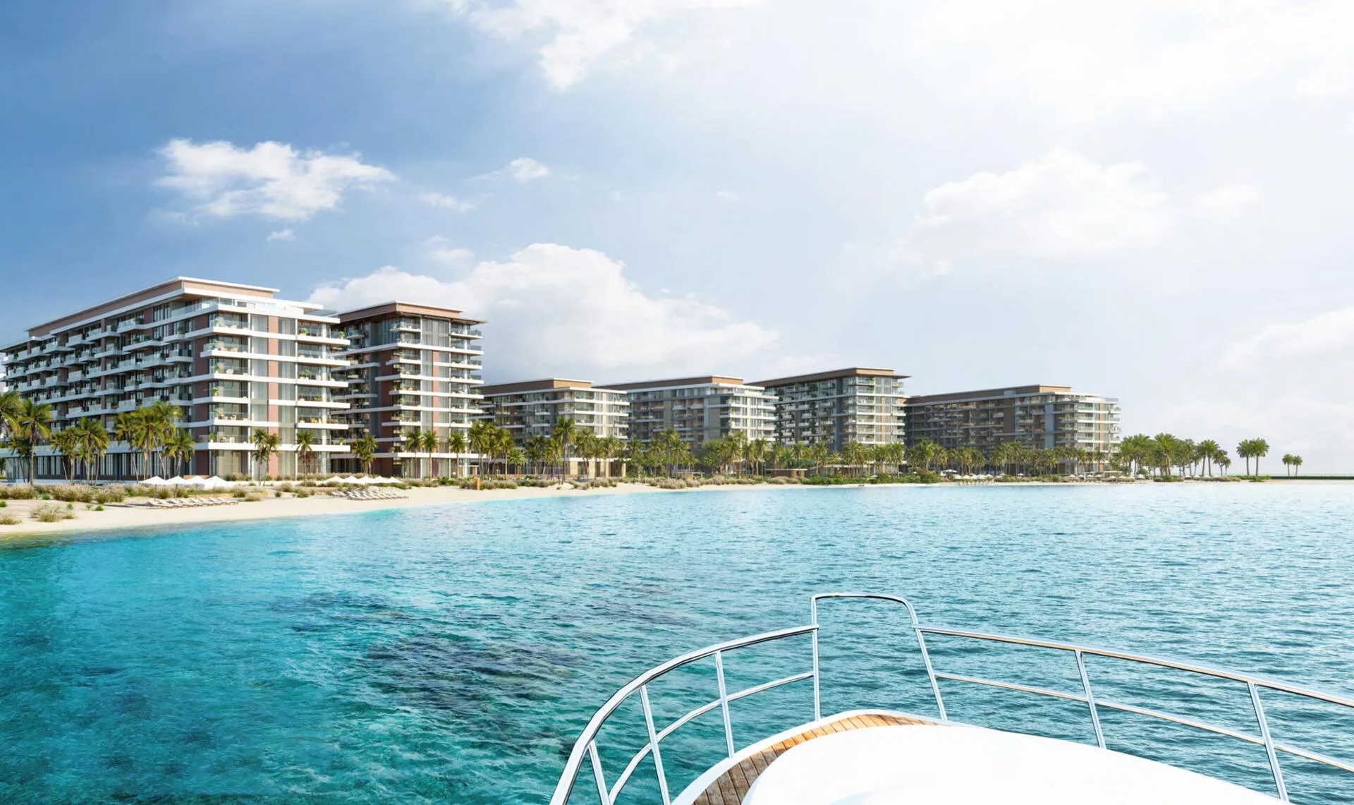 Дома Ellington Sands вдоль пляжа, вид с моря