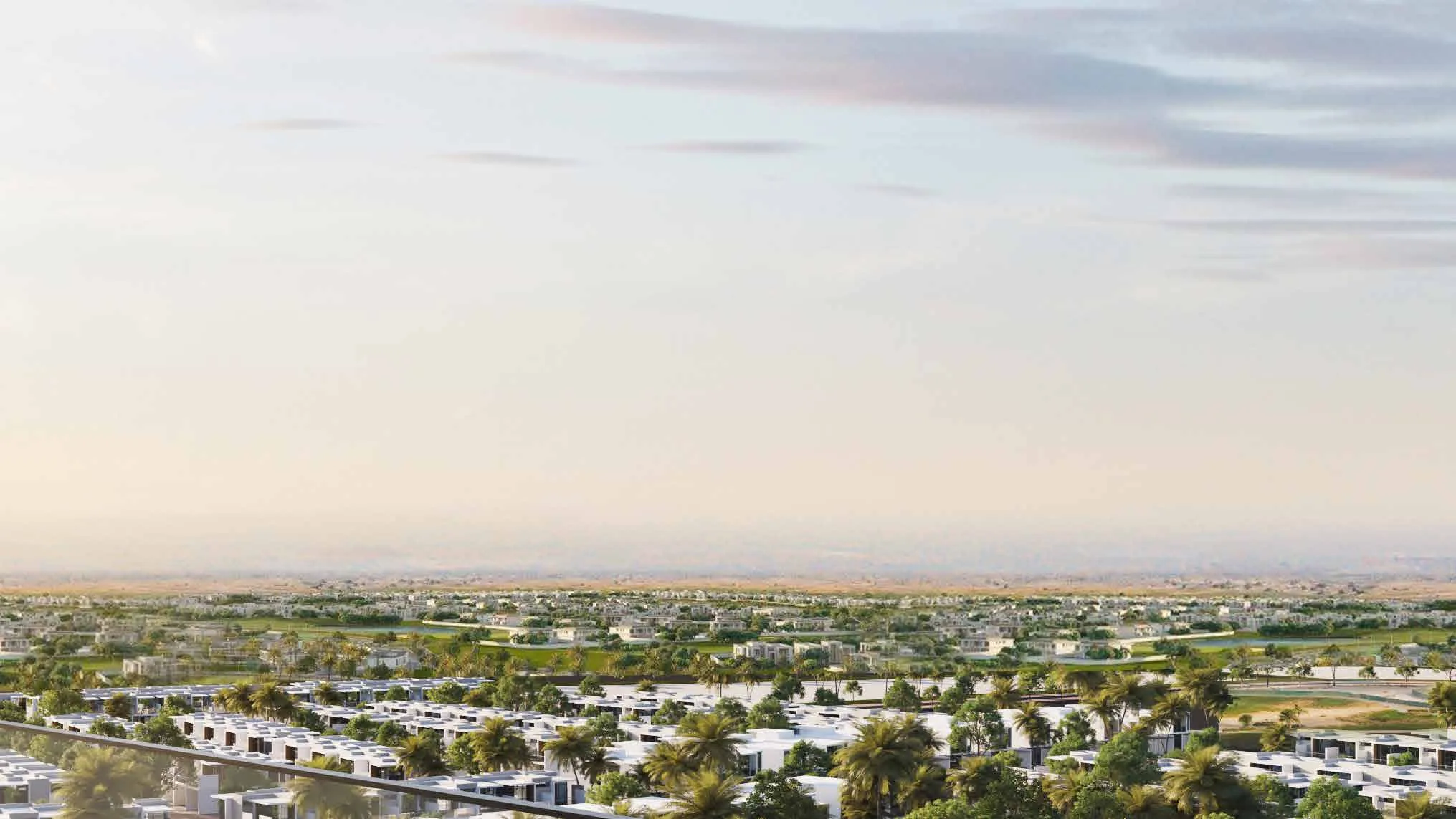 Кварталы DAMAC Hills 2 с высоты, на горизонте пустыня