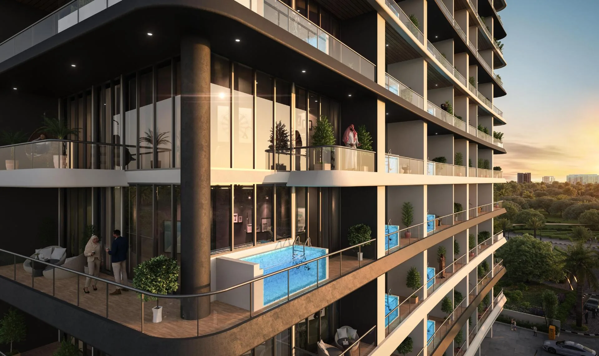 Балконы Empire Gardens с собственными бассейнами на закате