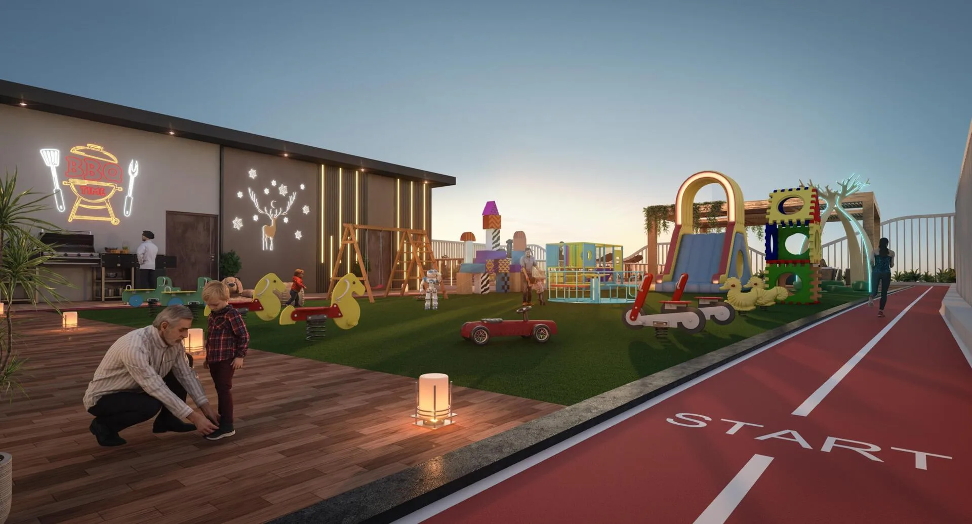 Детская площадка на крыше Empire Gardens рядом с беговой дорожкой