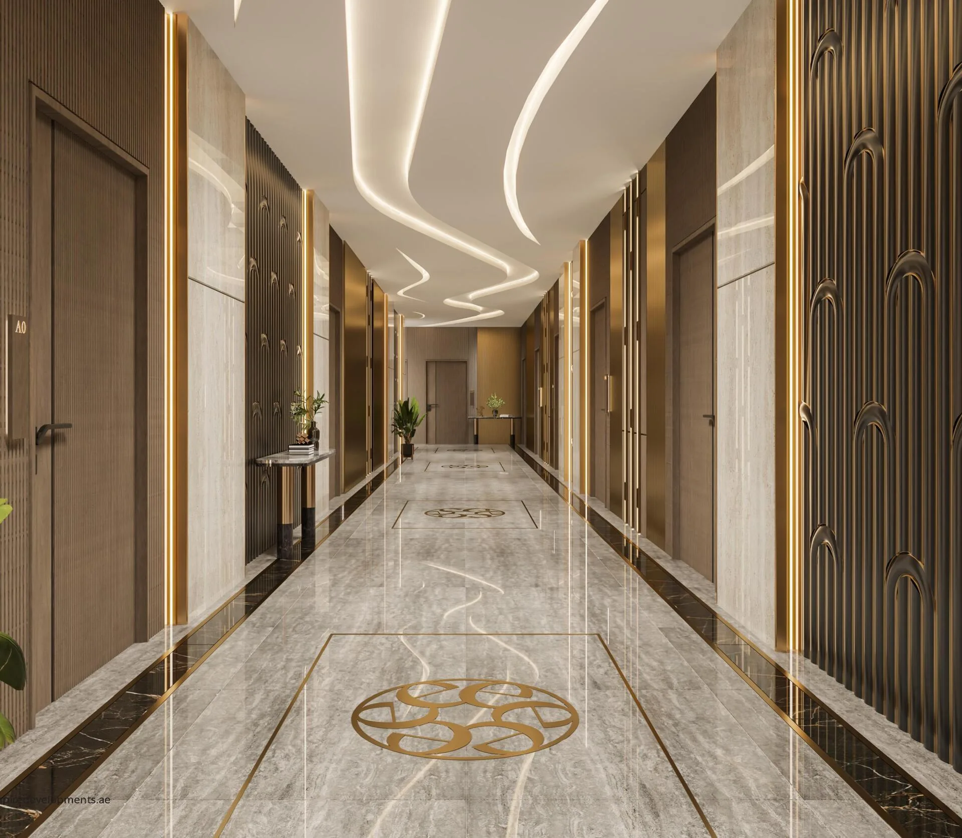 Коридор на жилом этаже Empire Gardens с мраморным полом