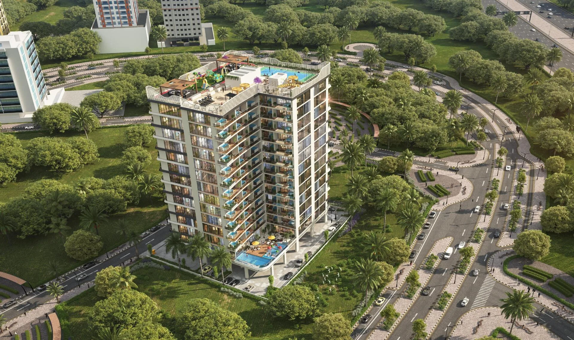 Крыша и подиум Empire Gardens сверху: зона отдыха и общий бассейн