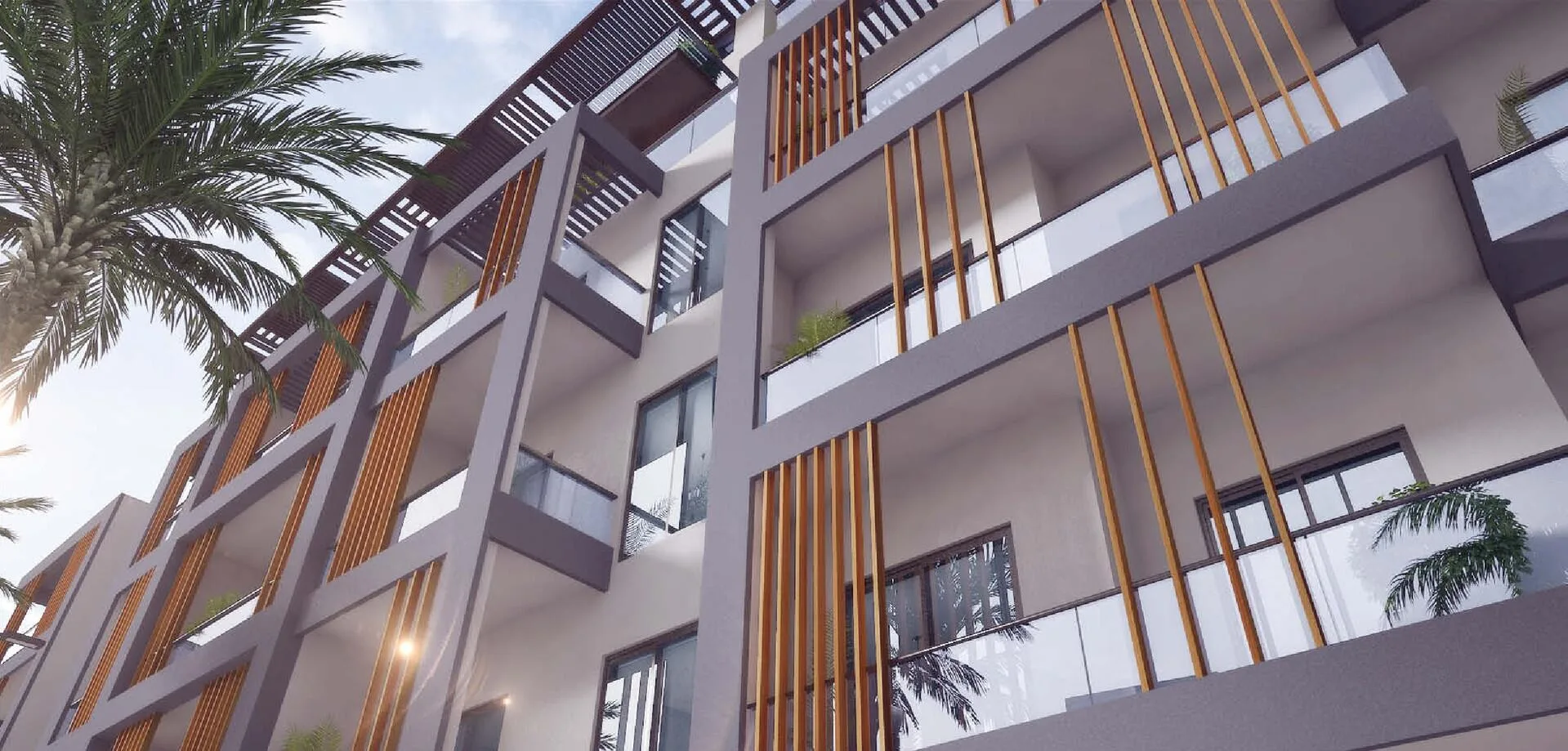 Террасы Enaya Residences снизу: стеклянные ограждения и деревянные ламели