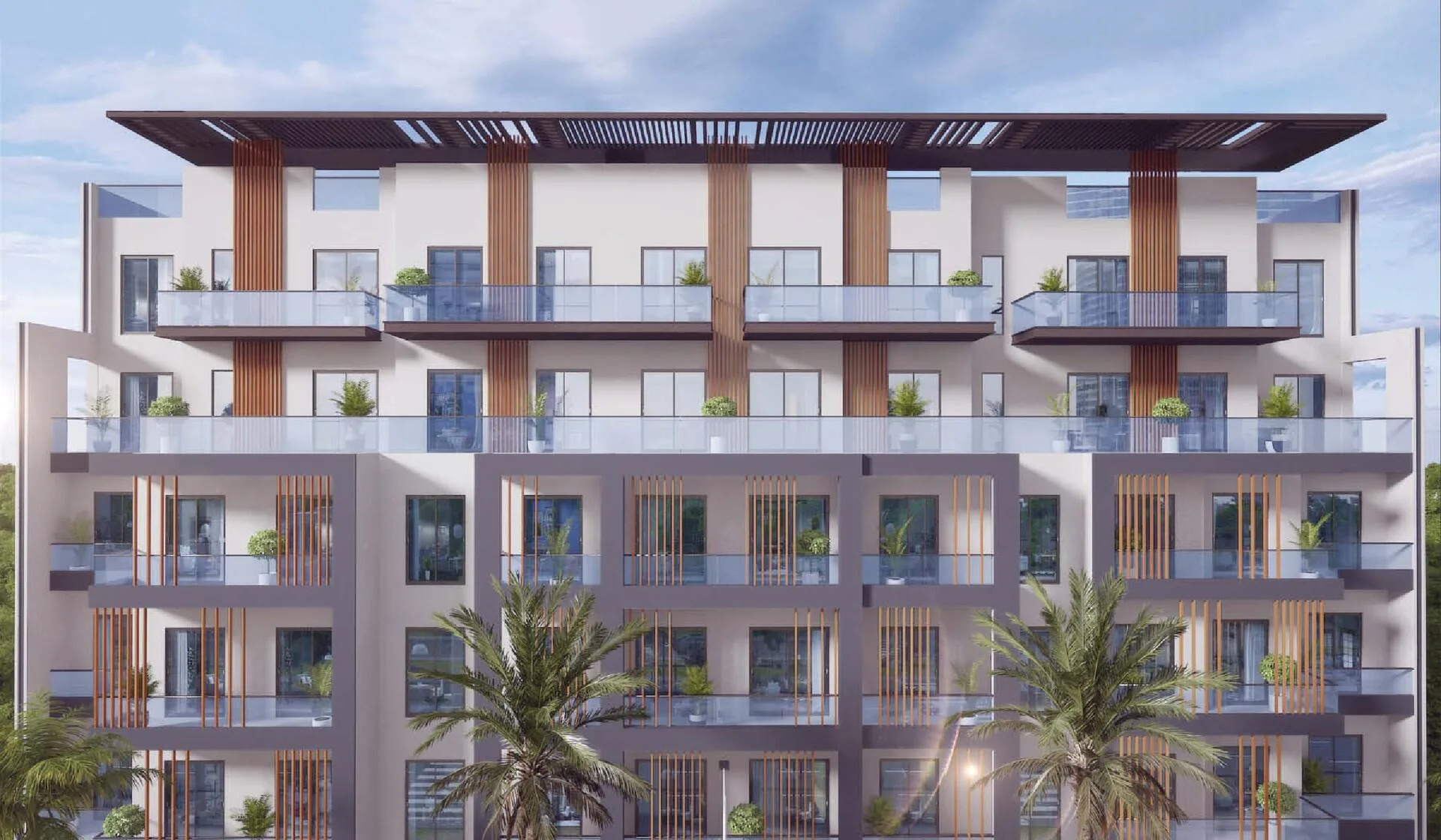 Фасад Enaya Residences: террасы верхних этажей под широким навесом