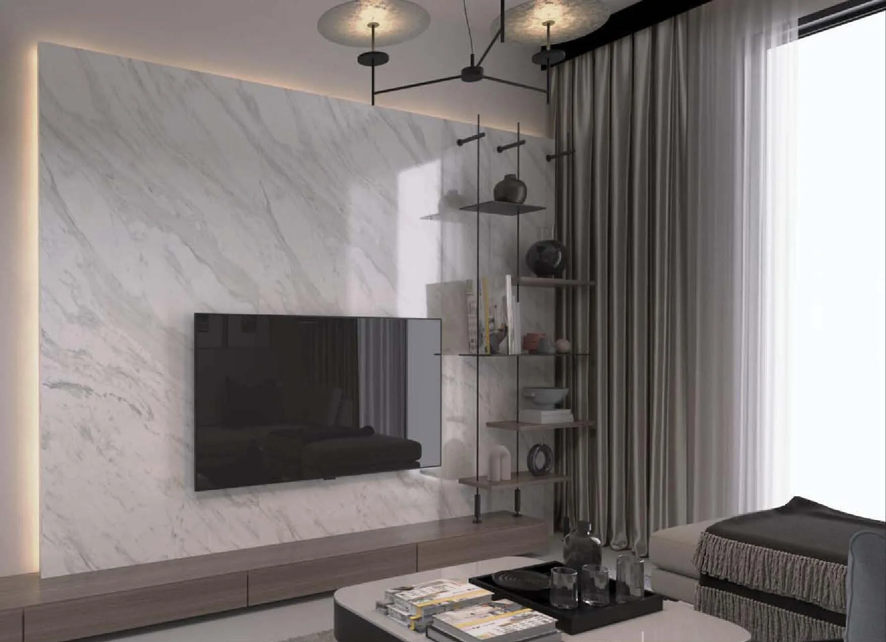 Гостиная в квартире Enaya Residences со стеной под телевизор