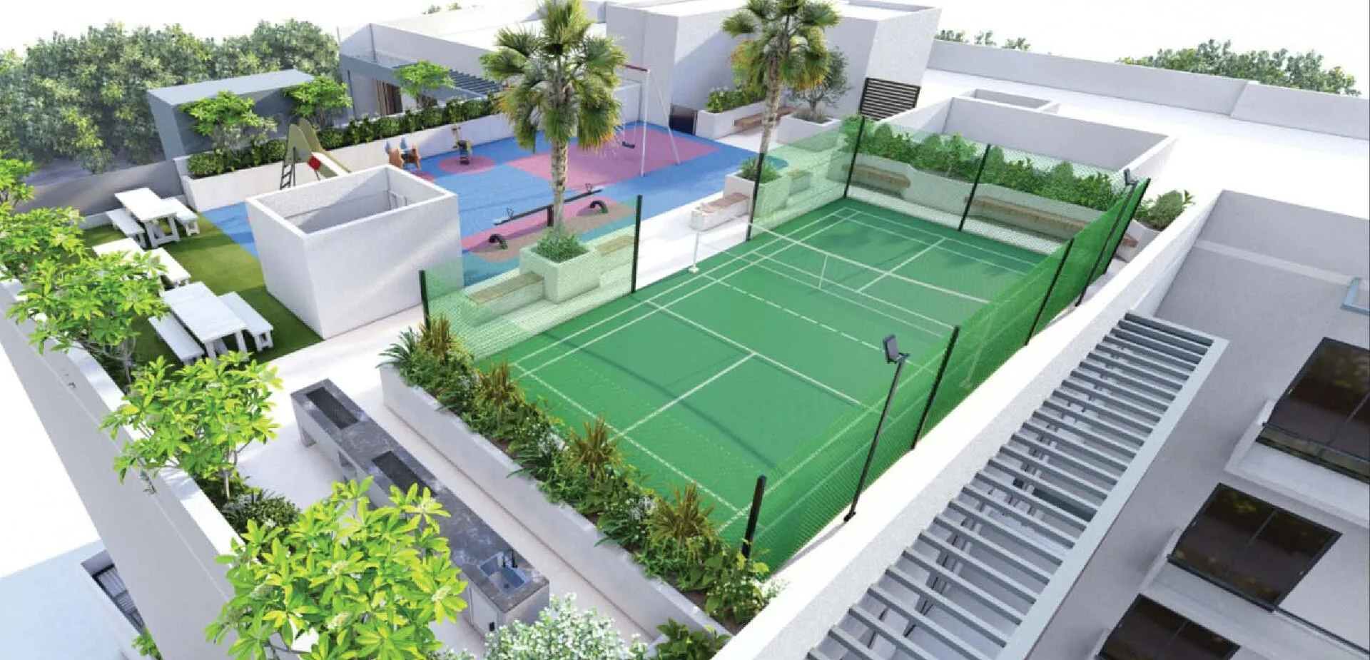 Двор Enaya Residences сверху: корт для бадминтона, детская площадка и столы для барбекю