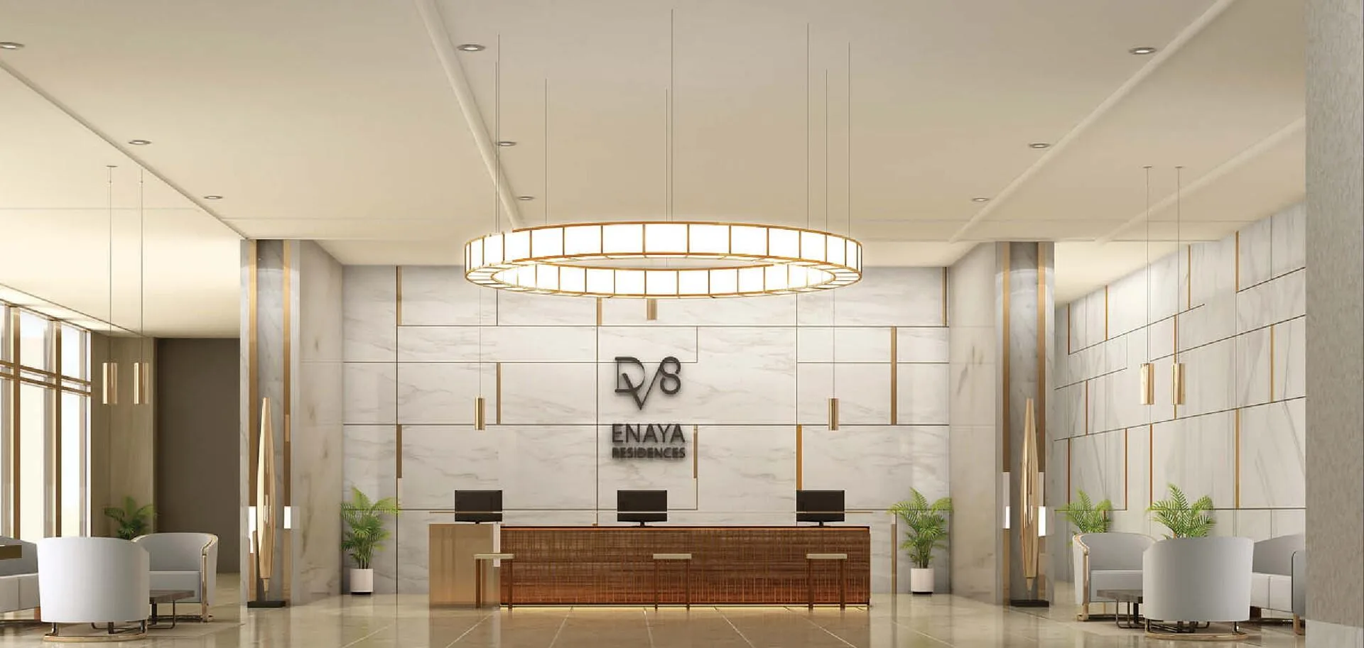 Лобби Enaya Residences: ресепшен и лифтовой холл