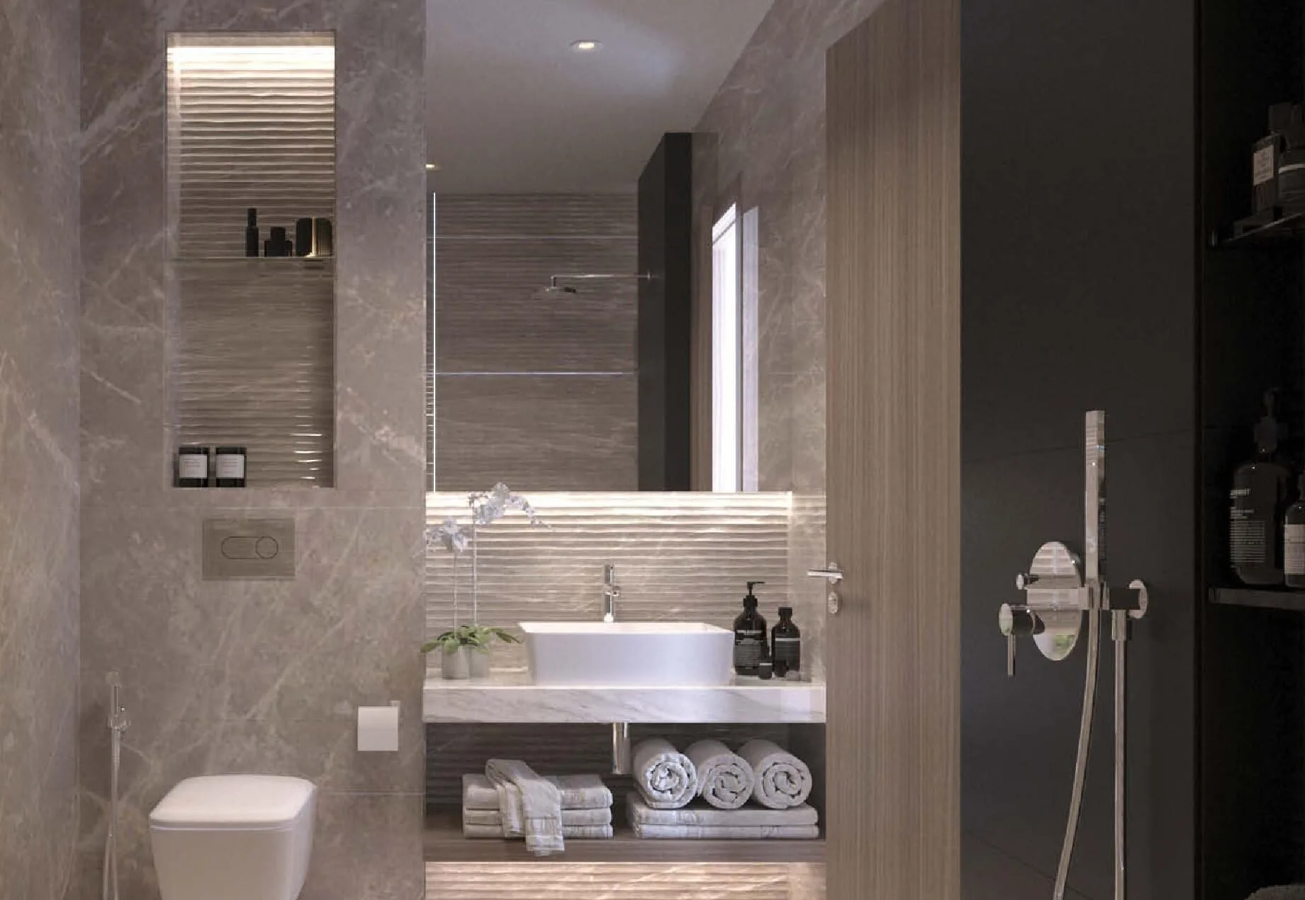 Ванная в квартире Enaya Residences: камень, подвесной унитаз и раковина на столешнице