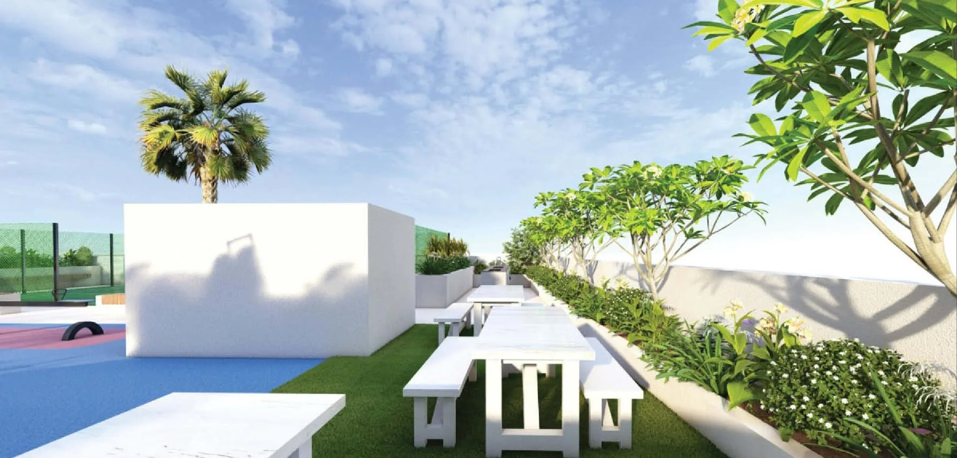 Зона барбекю Enaya Residences: белые столы на газоне