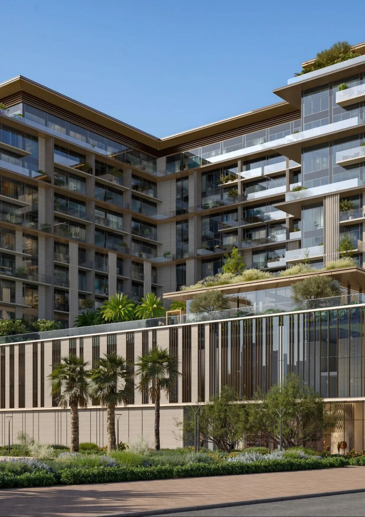 Фасад Everly Place: вертикальные рёбра, балконы и зелень на подиуме