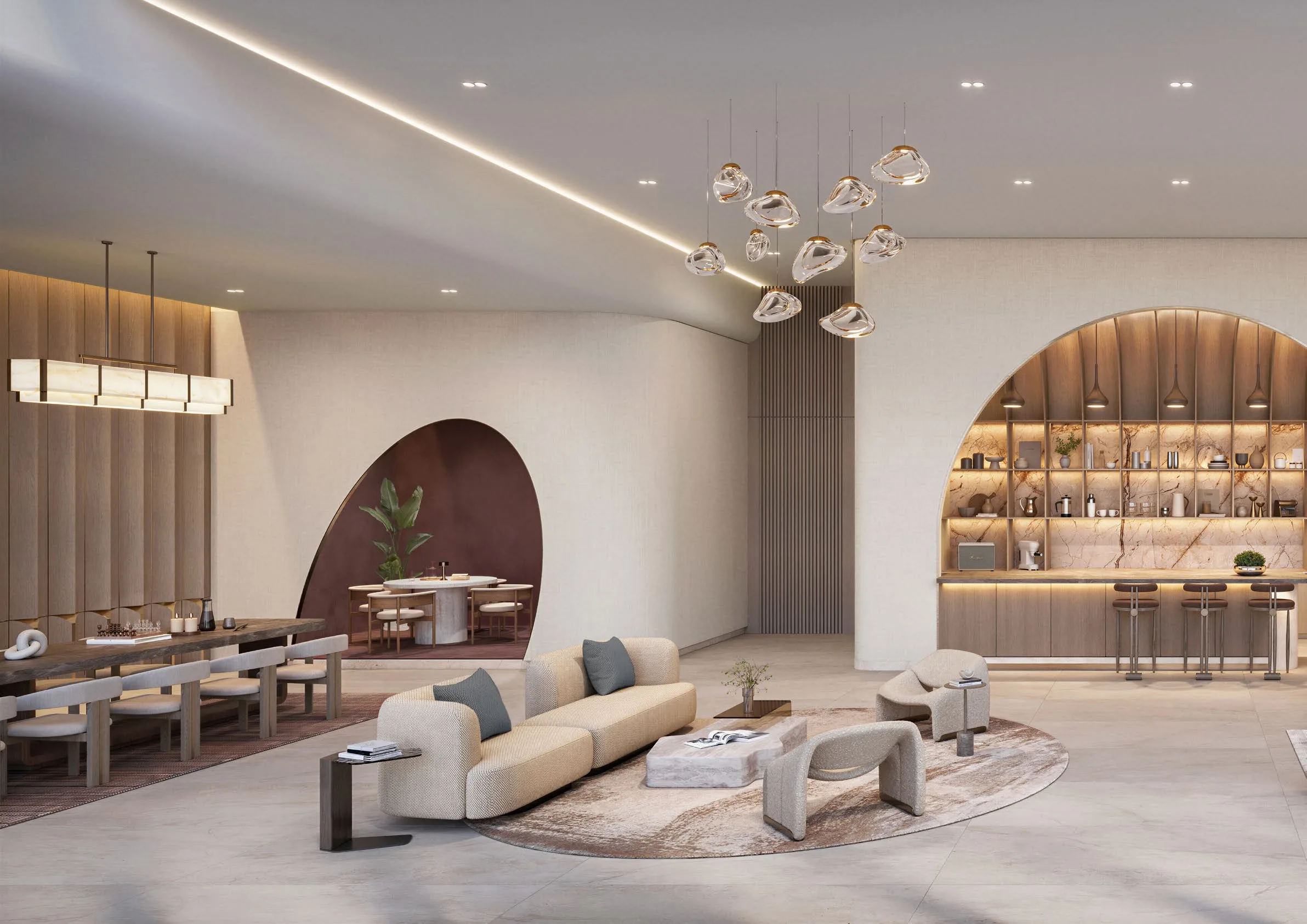 Клубная гостиная Everly Place: диваны, обеденный стол и кофейня