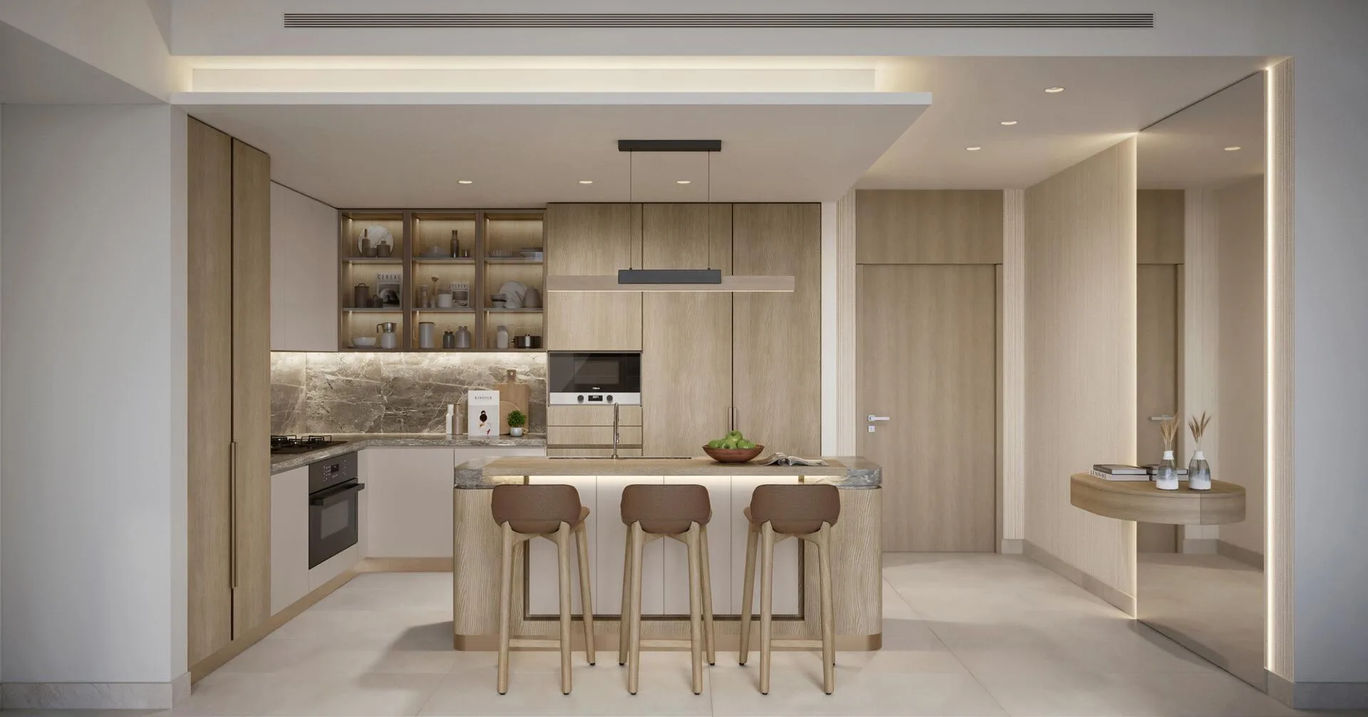 Кухня с островом и барными стульями в квартире Everly Place