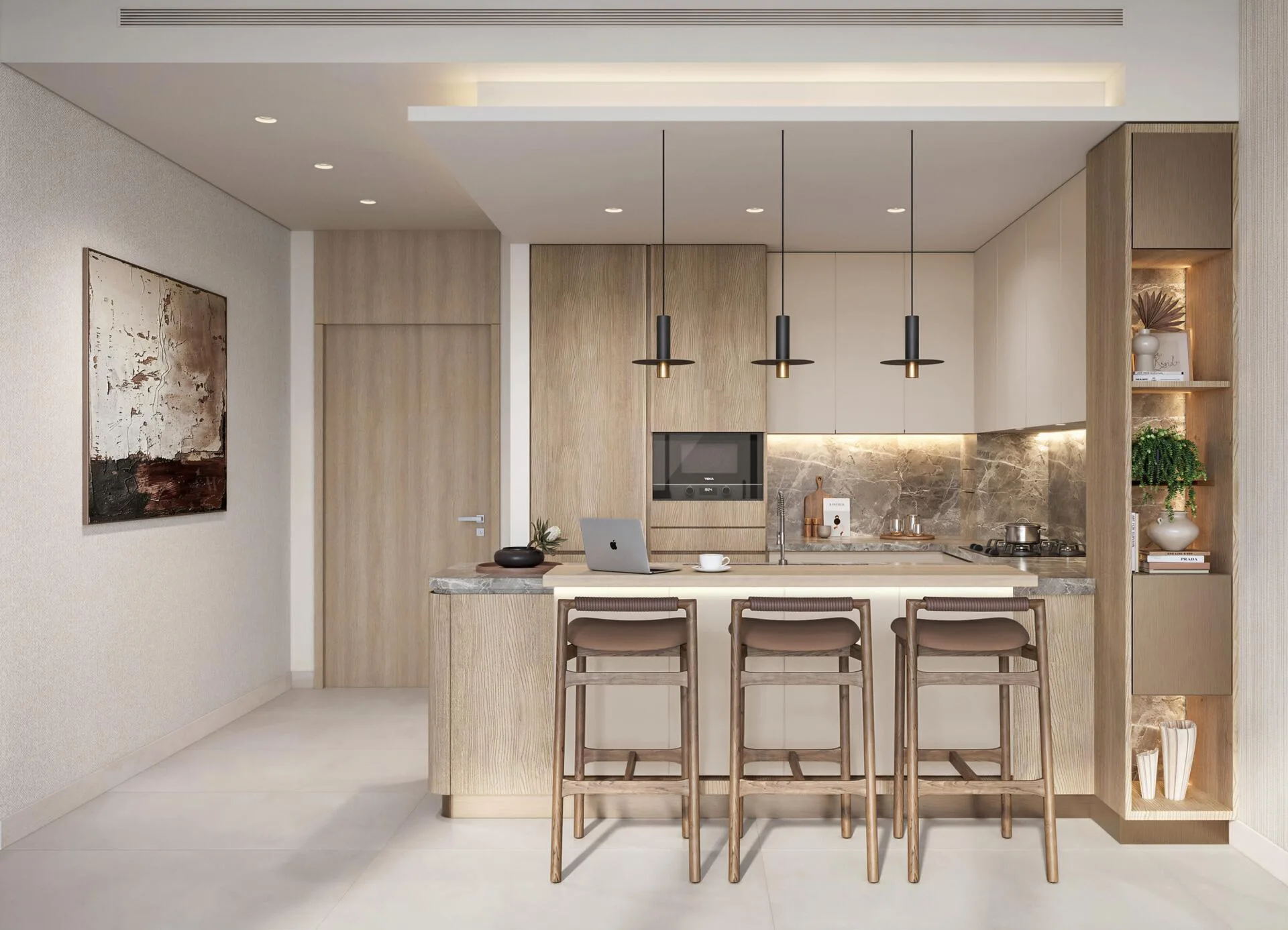 Кухня в квартире Everly Place: светлое дерево и камень
