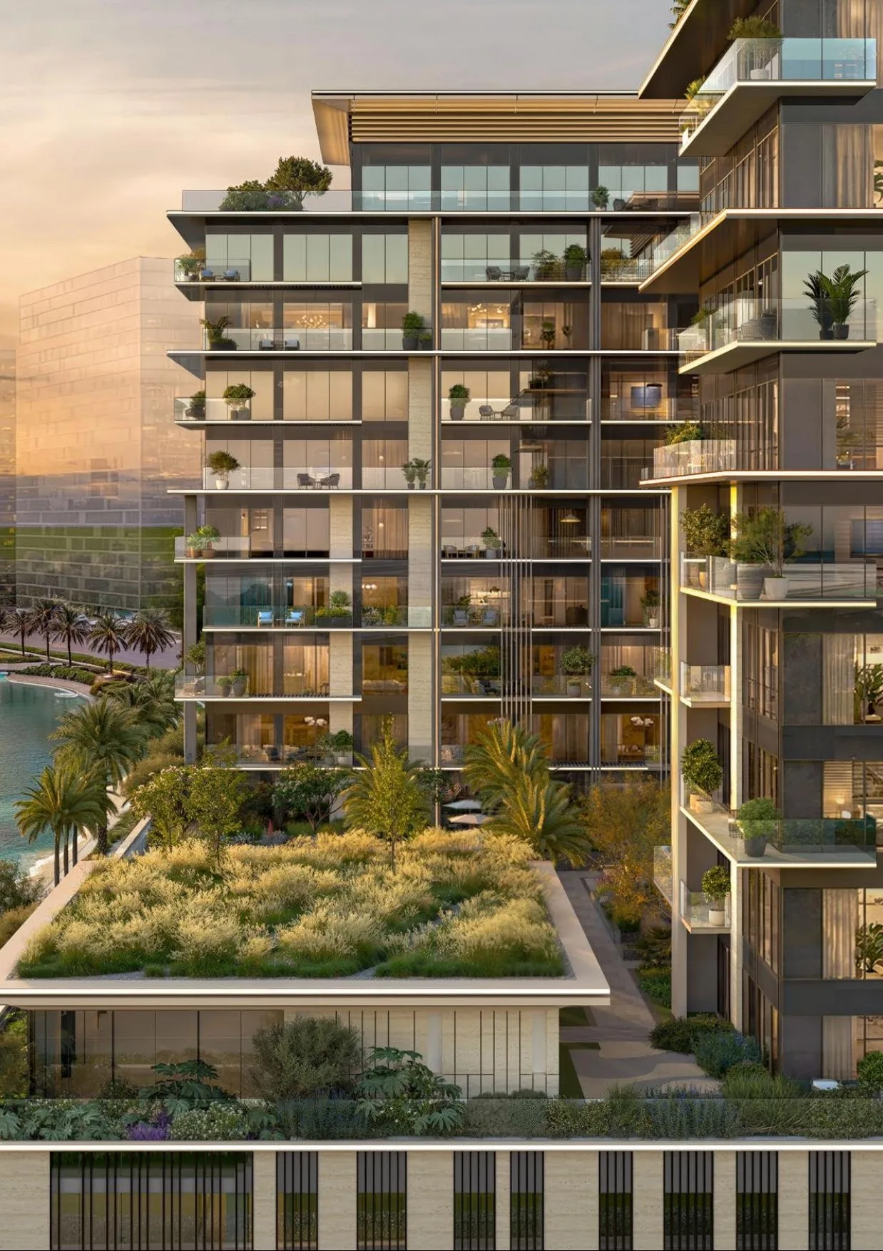 Сад на подиуме Everly Place: дорожки, зелень и вода