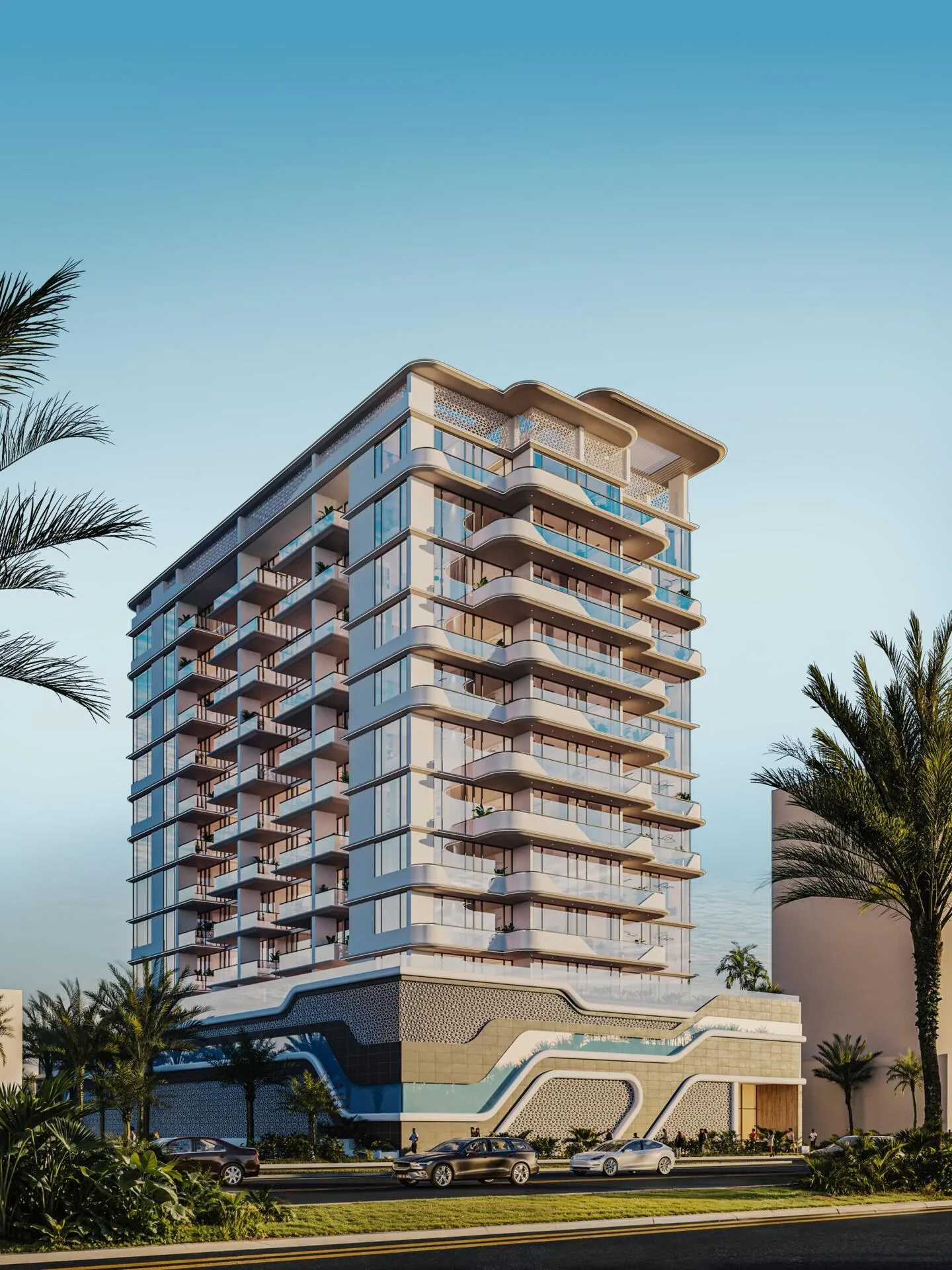Дом Evora Residences на закате, скруглённые балконы