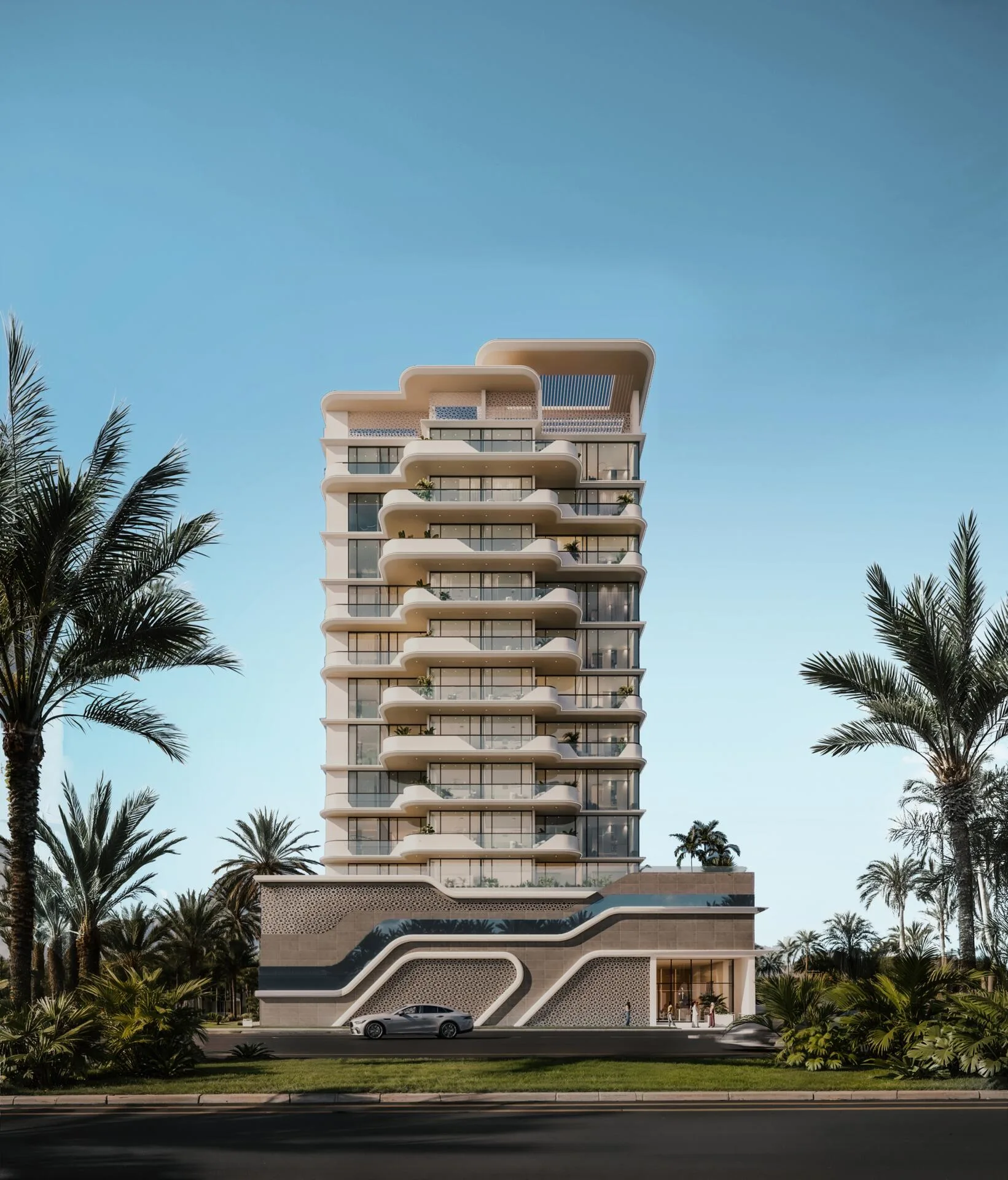 Фасад Evora Residences с улицы среди пальм
