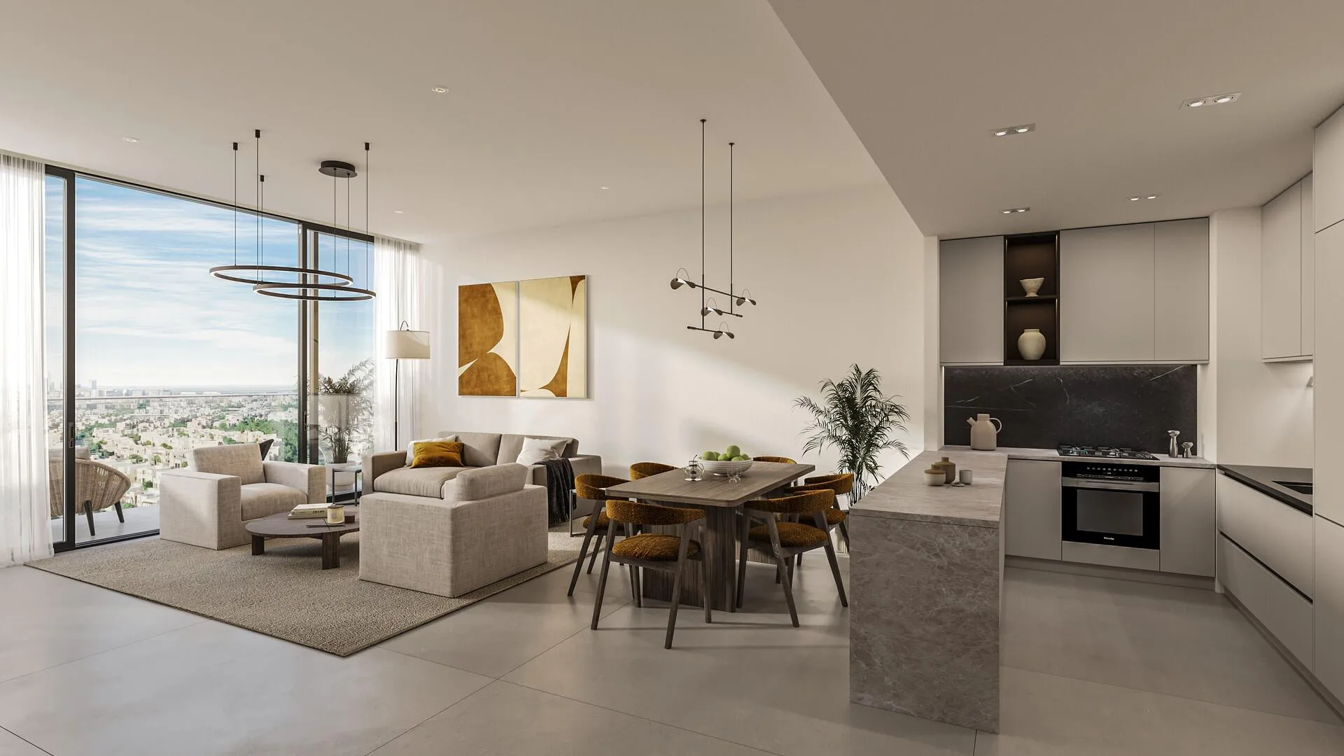 Кухня-гостиная в Evora Residences с островом и видом из окна