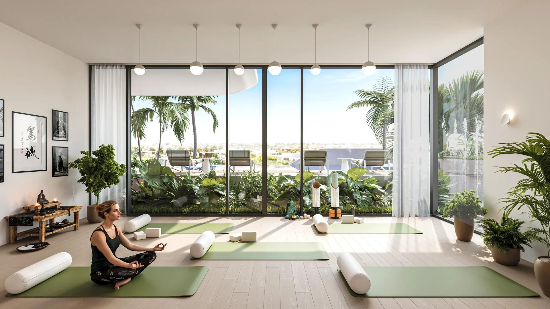 Зал йоги в Evora Residences с окнами в сад