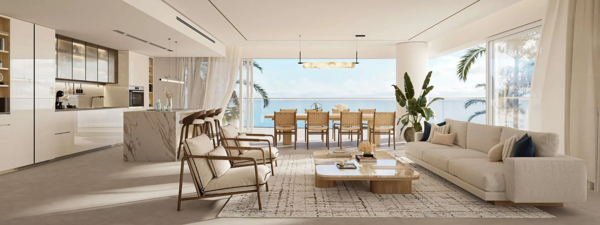 Гостиная с кухней и видом на море в квартире Fahid Beach Residences
