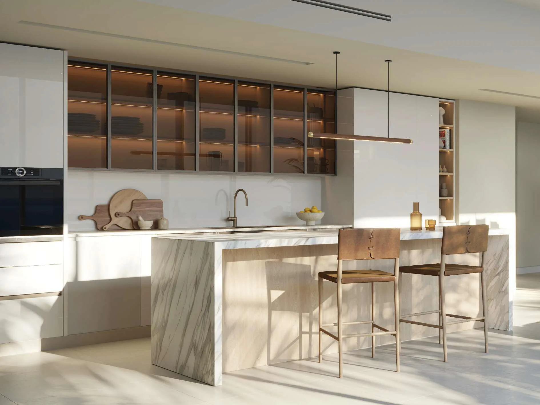 Кухня с островом из камня в квартире Fahid Beach Residences