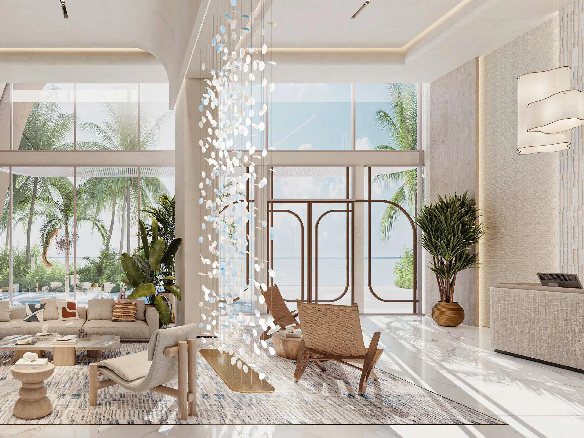Лобби Fahid Beach Residences с видом на пальмы и море