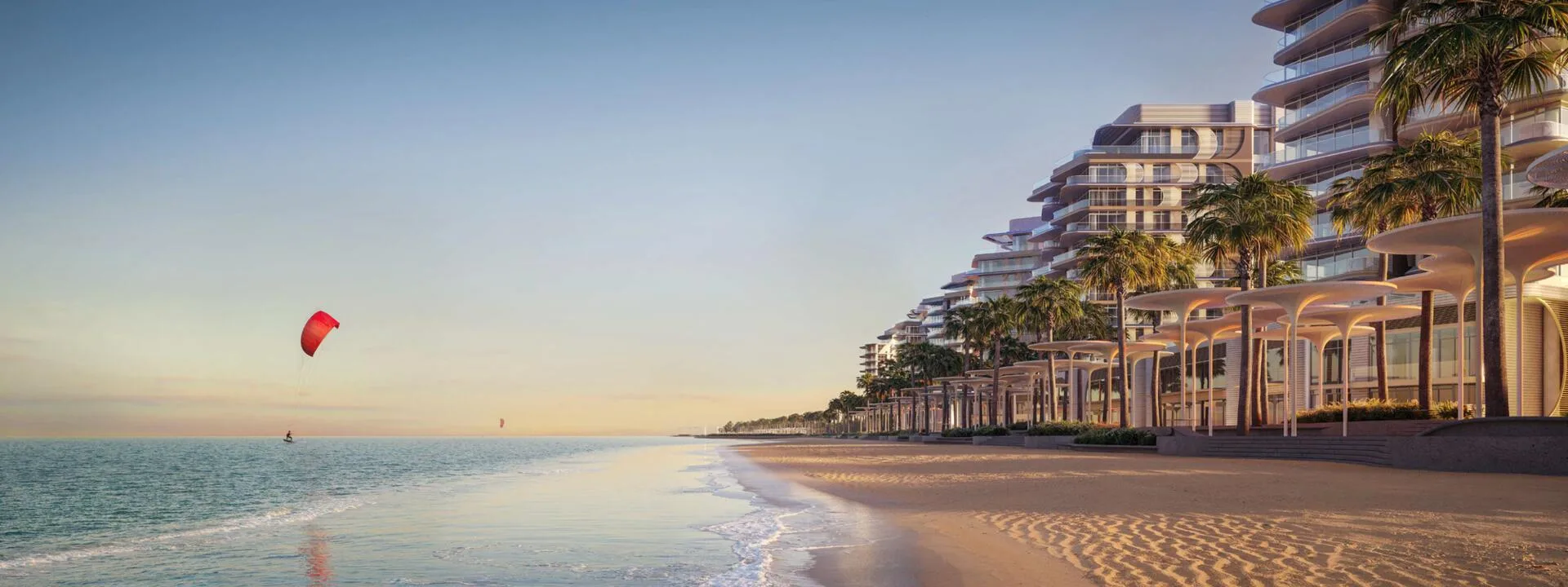 Пляж у Fahid Beach Residences вечером, над морем кайт